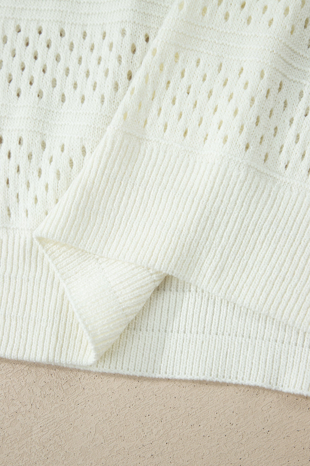 White Plus Size Eyelet Hollow Out Knit Ribbed Trim Short Sleeve Dolman Sweater