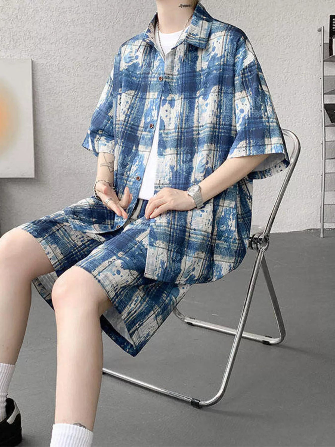 Men's Plus Size Casual Plaid Print Shirt & Shorts Set