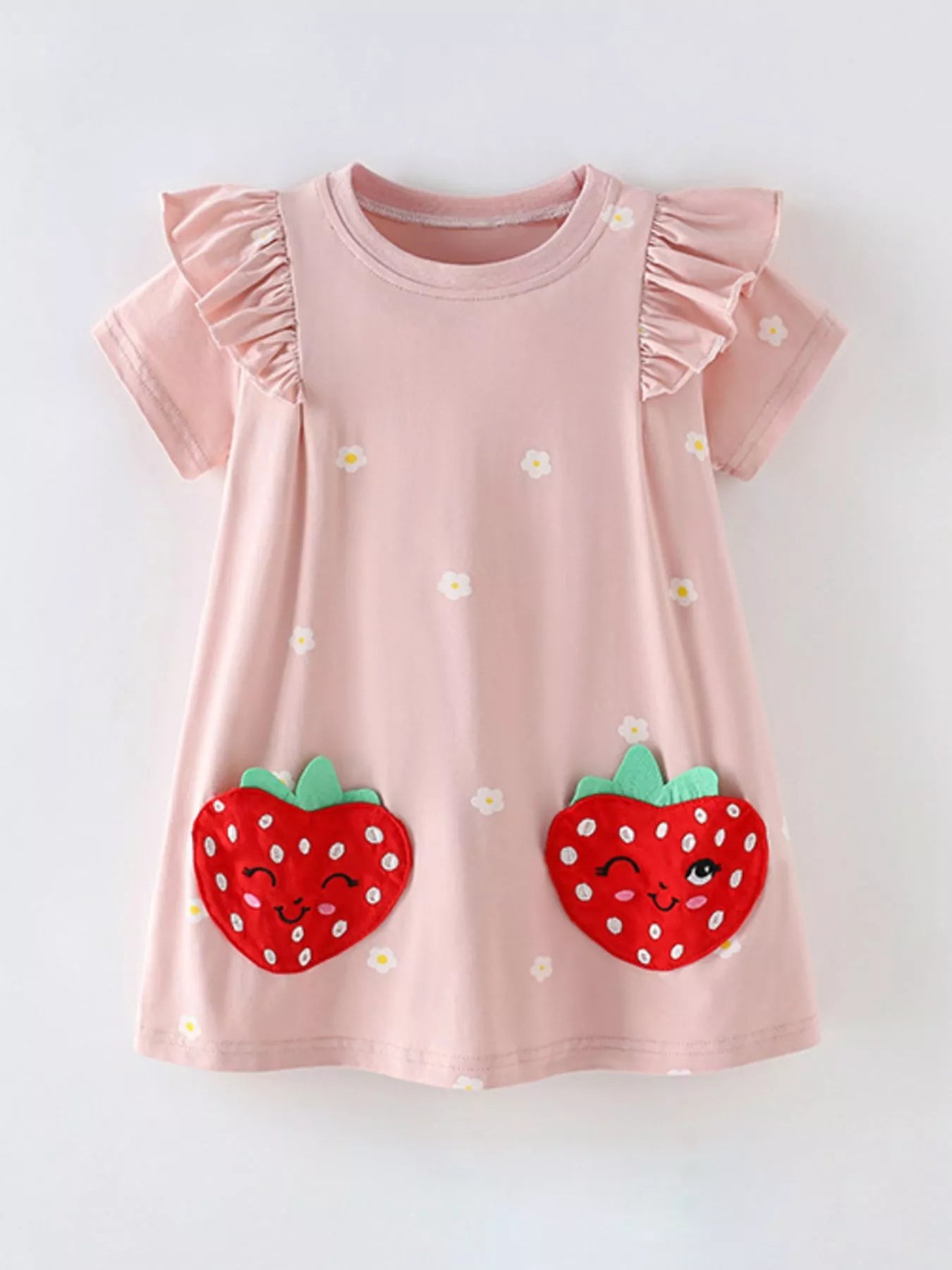 Children's Strawberry Applique Ruffle Sleeve Dress