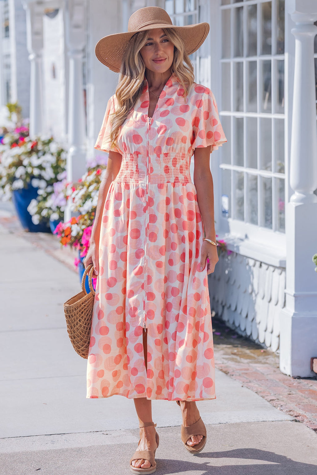 Pink Polka Dot Printed Ruffle Short Sleeve Zip Up Long Dress