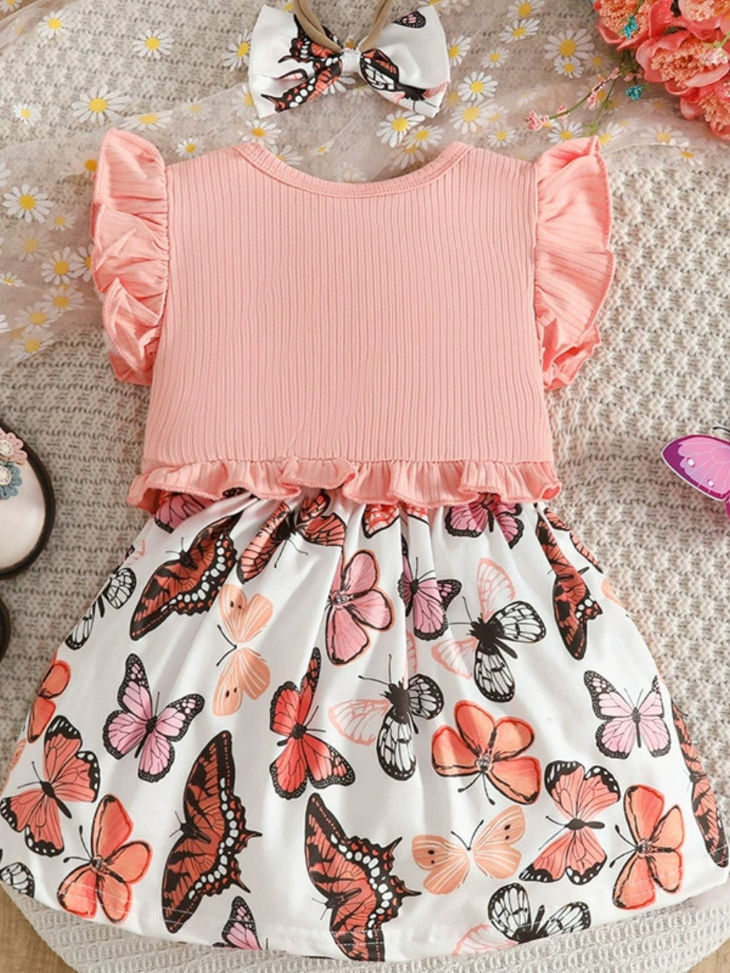 Children's Butterfly Print Dress and Ruffle Trim Cardigan Set with Headband