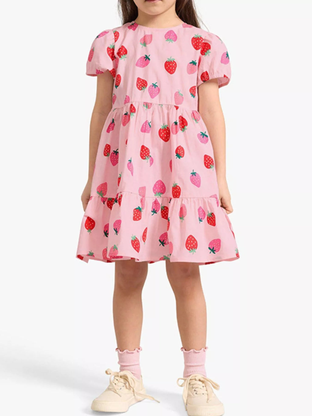 Children's Strawberry Print Tiered Puff Sleeve Dress