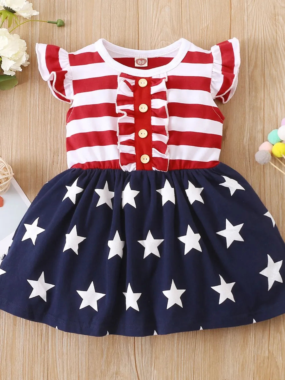 Striped & Stars Ruffled Round Neck Cap Sleeve Dress