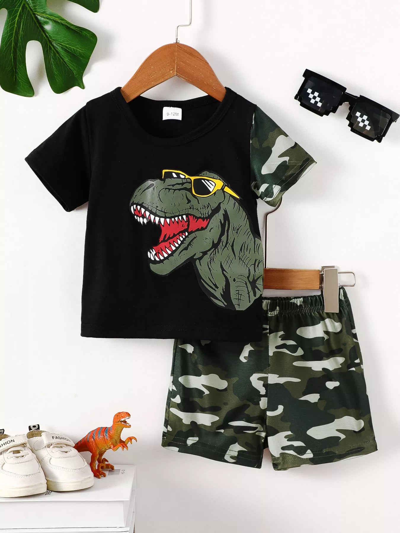 Children's Dinosaur Round Neck Tee and Camo Shorts Set