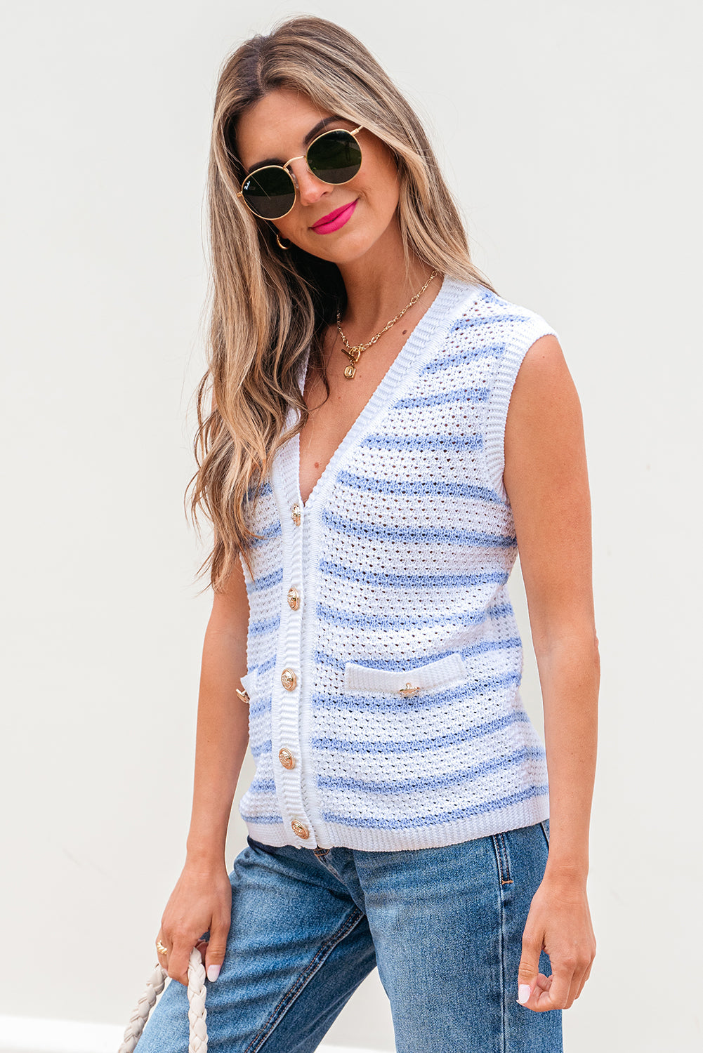 Sky Blue Stripe V Neck Gold Buttons Elegant Sweater Vest