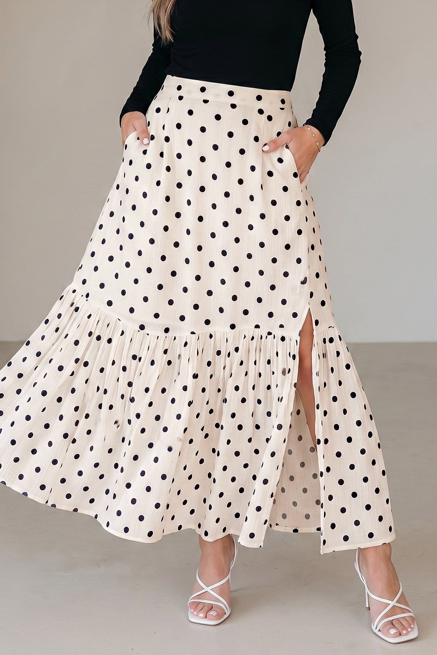 White Polka Dot Ruffled Slit Maxi Skirt