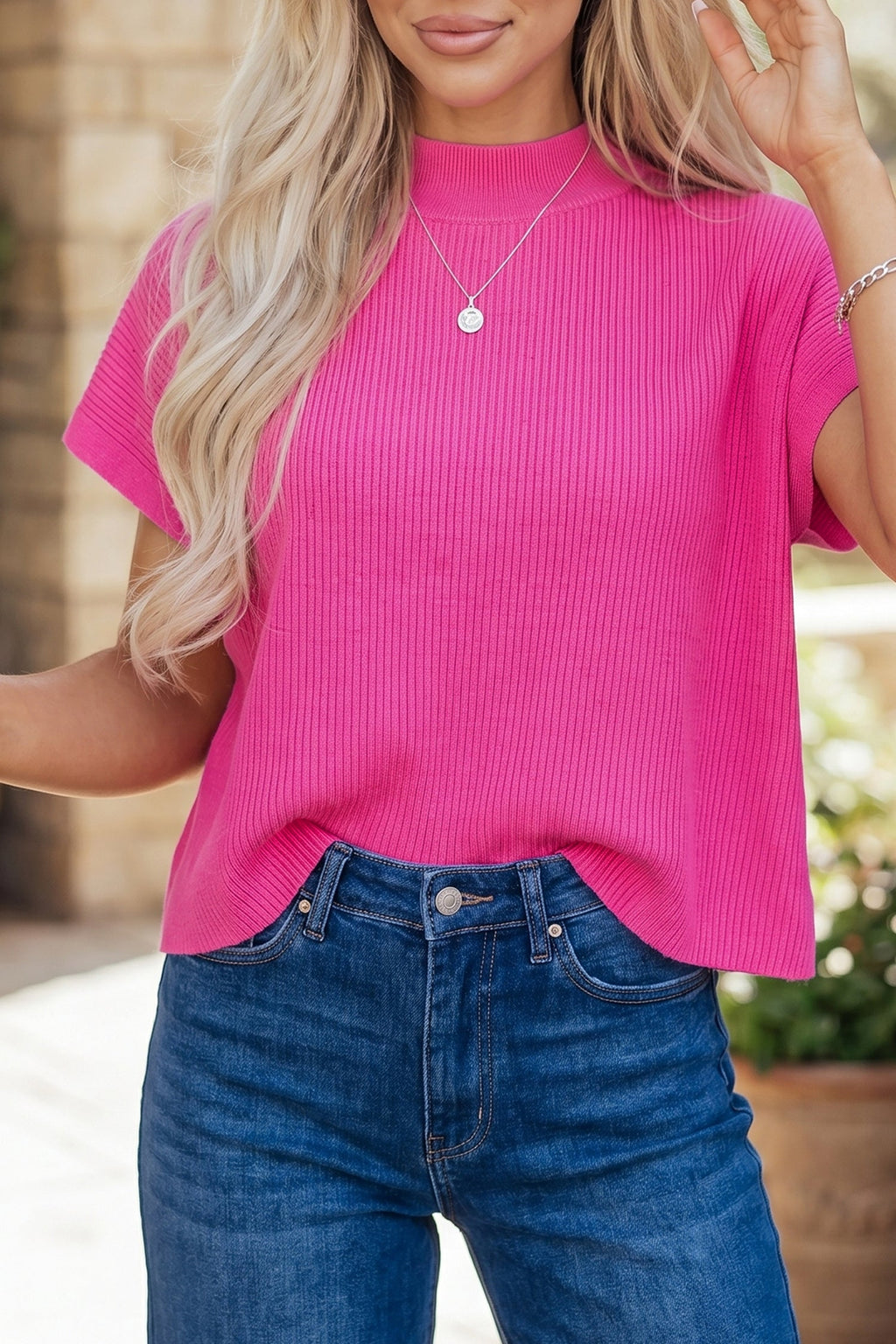 Bright Pink Solid Color Lightweight Ribbed Knit Mock Neck Sweater