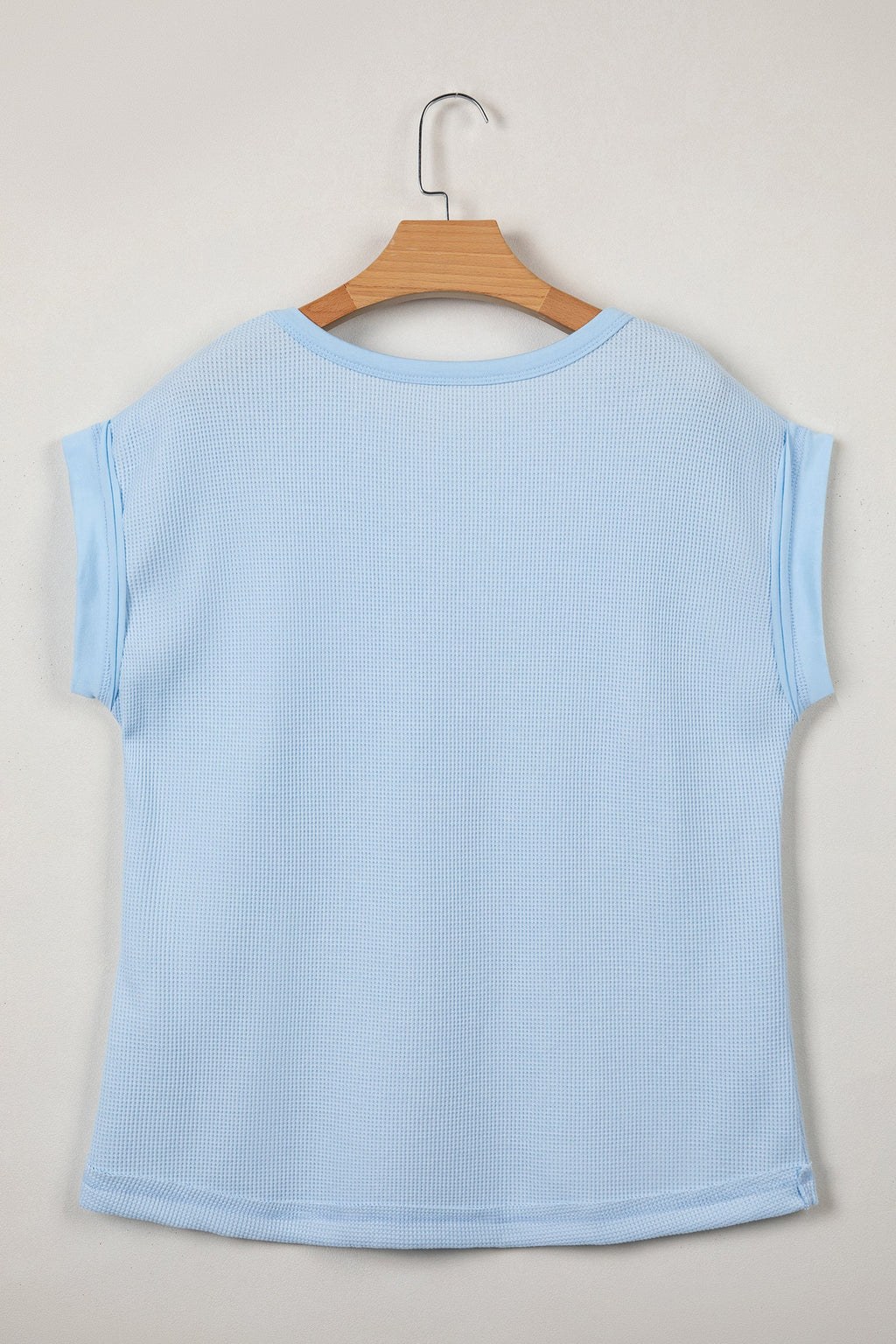 Light Blue Solid Color Raw Seam Waffled Patchwork Casual T Shirt