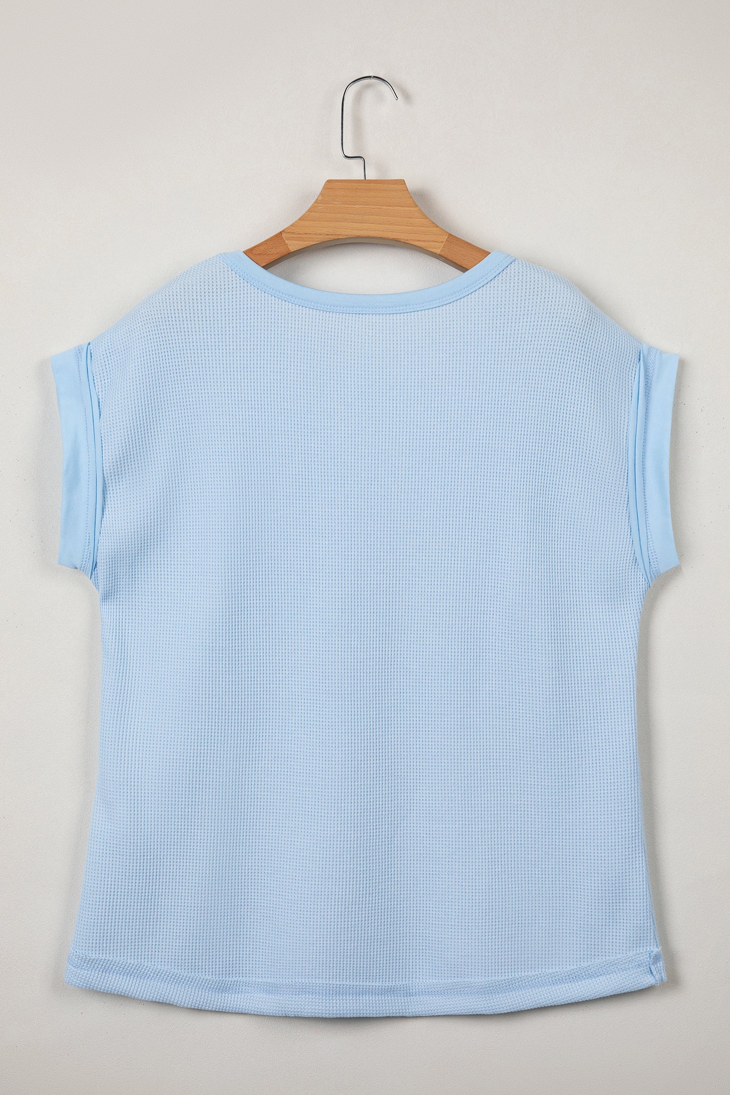 Light Blue Solid Color Raw Seam Waffled Patchwork Casual T Shirt