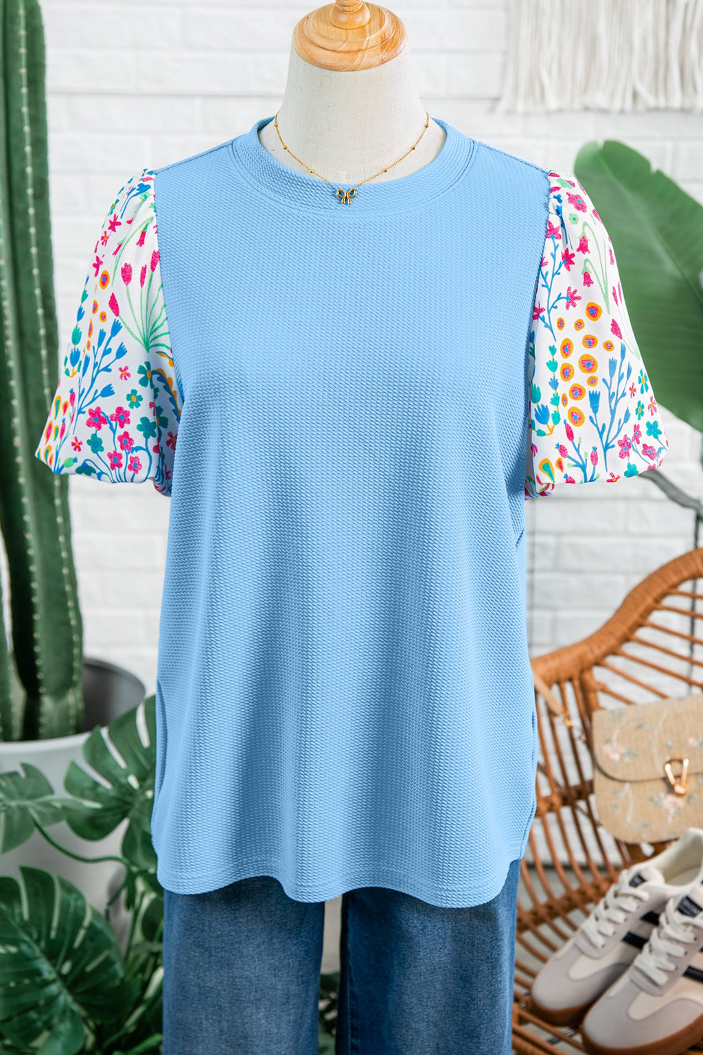Light Blue Round Neck Textured Contrast Floral Bubble Sleeve Blouse