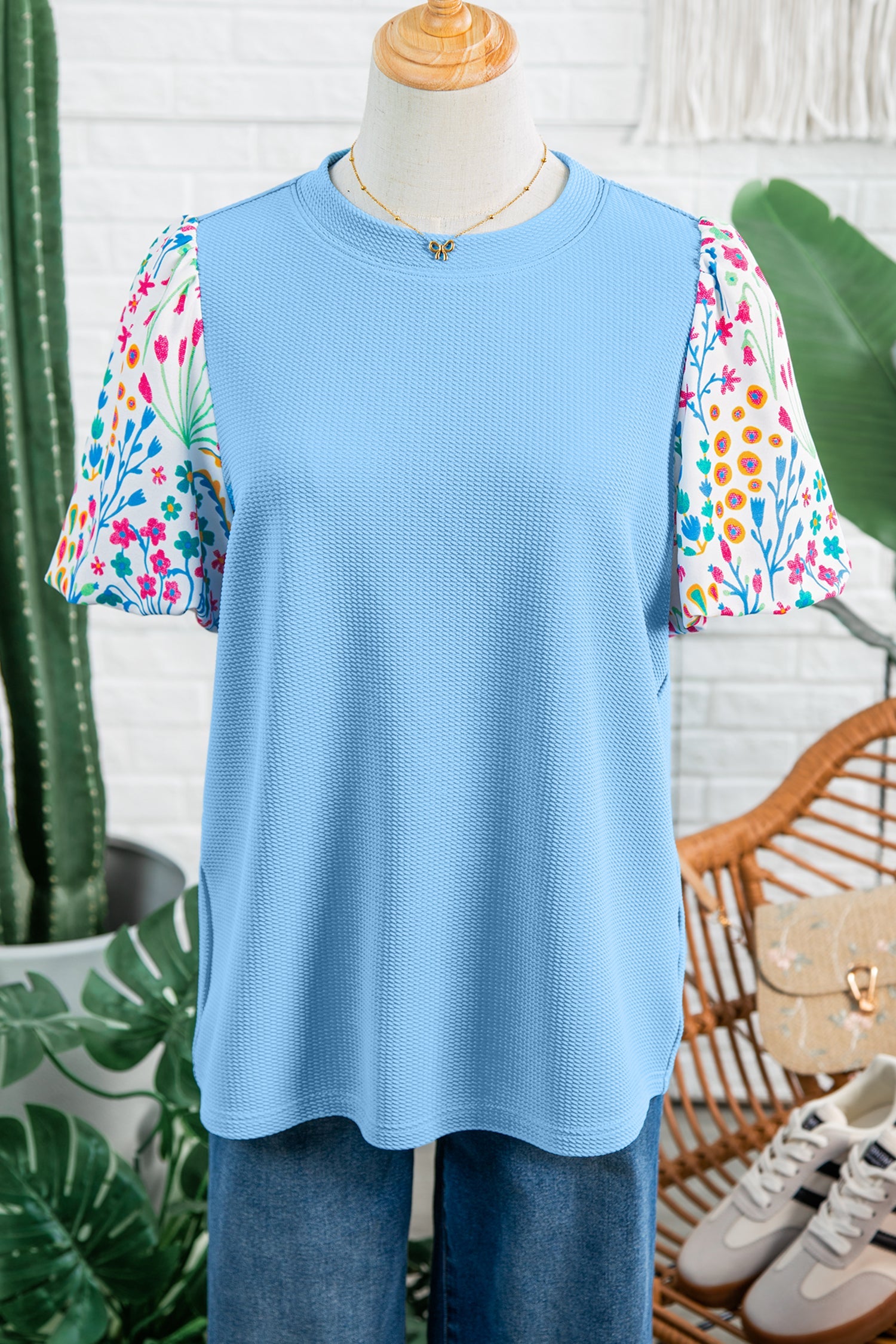 Light Blue Round Neck Textured Contrast Floral Bubble Sleeve Blouse