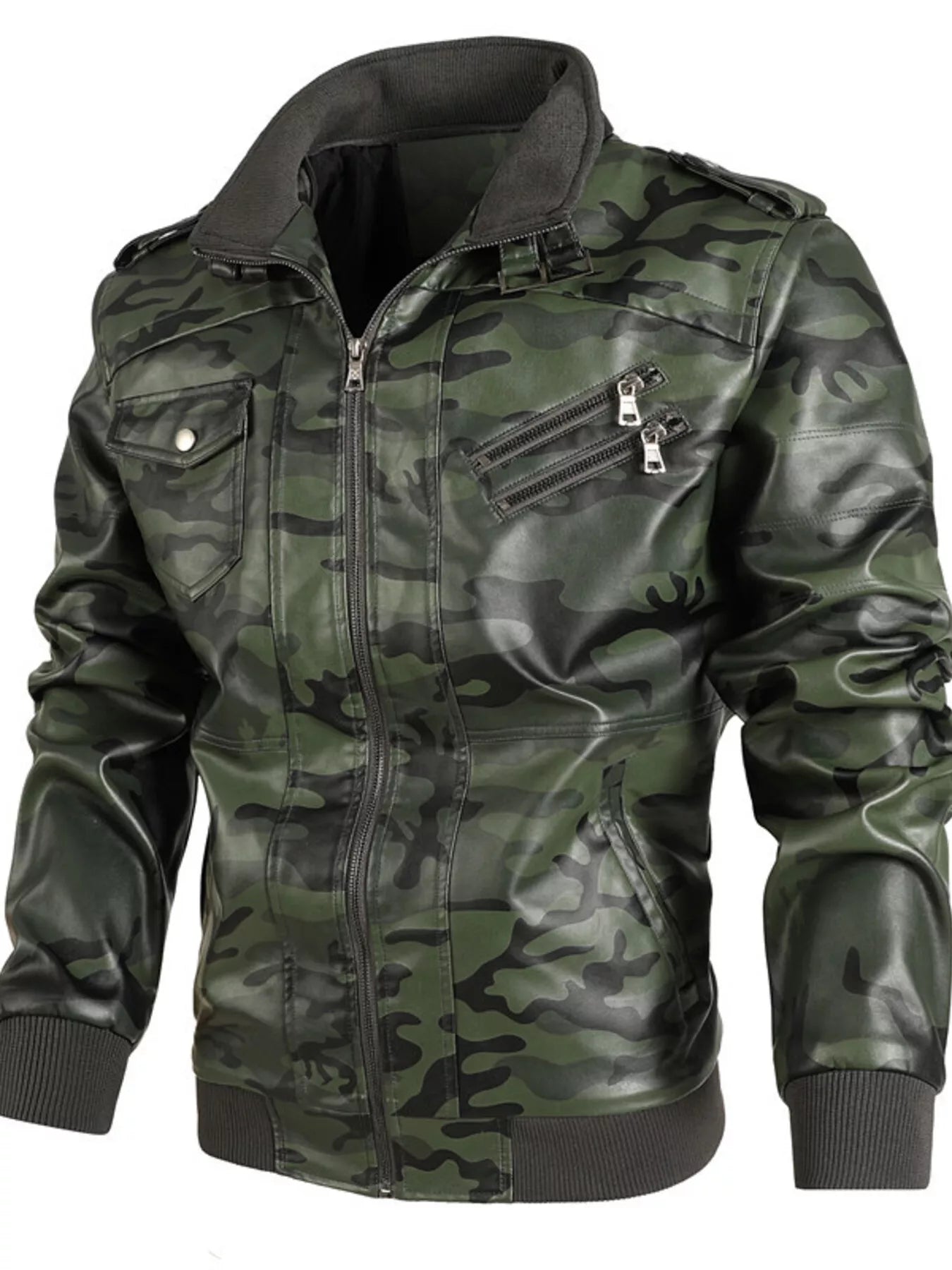 Men's Full Size Zip Up Camouflage Faux Leather Jacket Plus Size