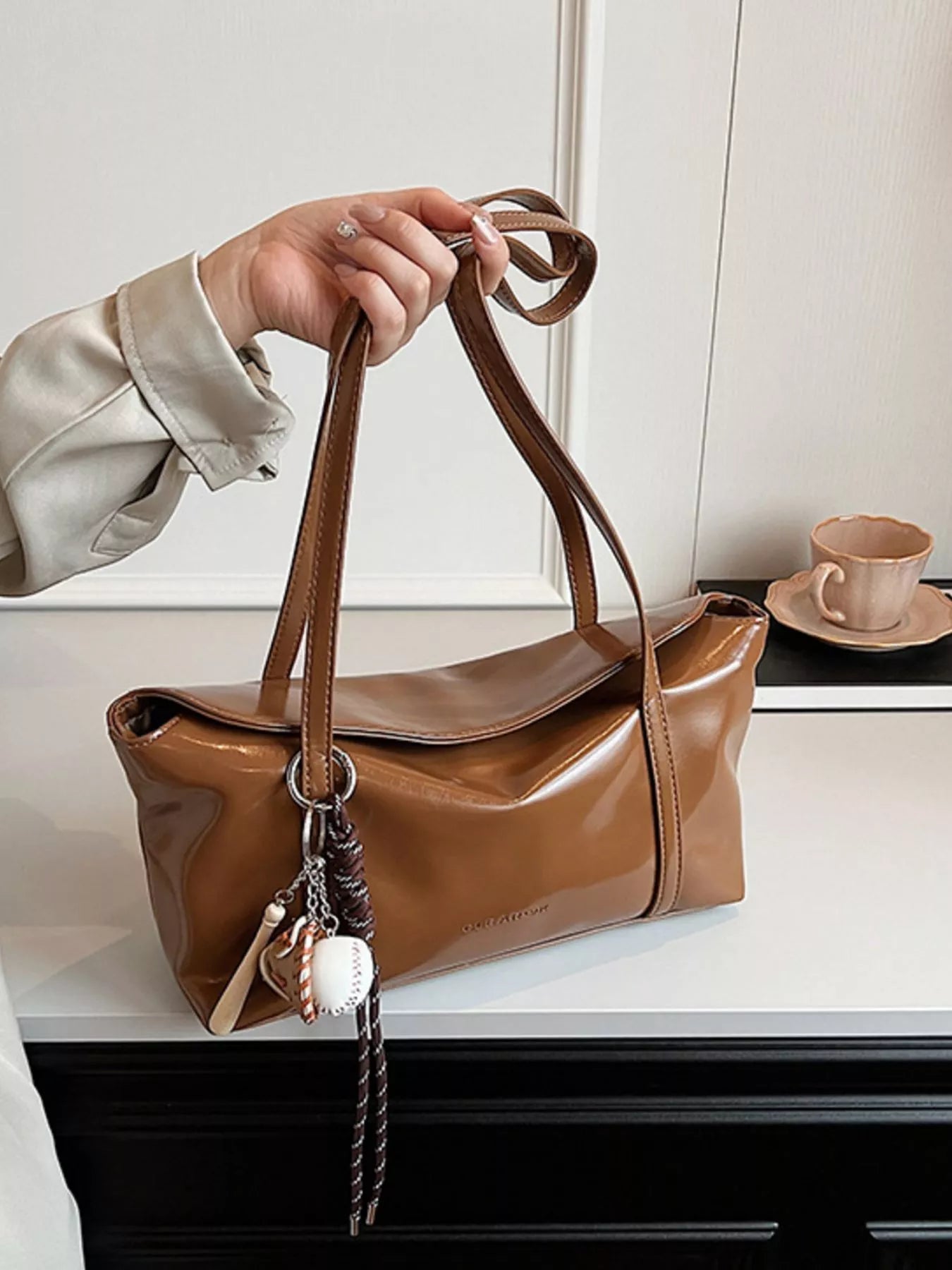 Solid Color Leather Shoulder Bag
