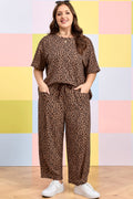 Brown Plus Size Leopard Loose Top Pleated Pants Set