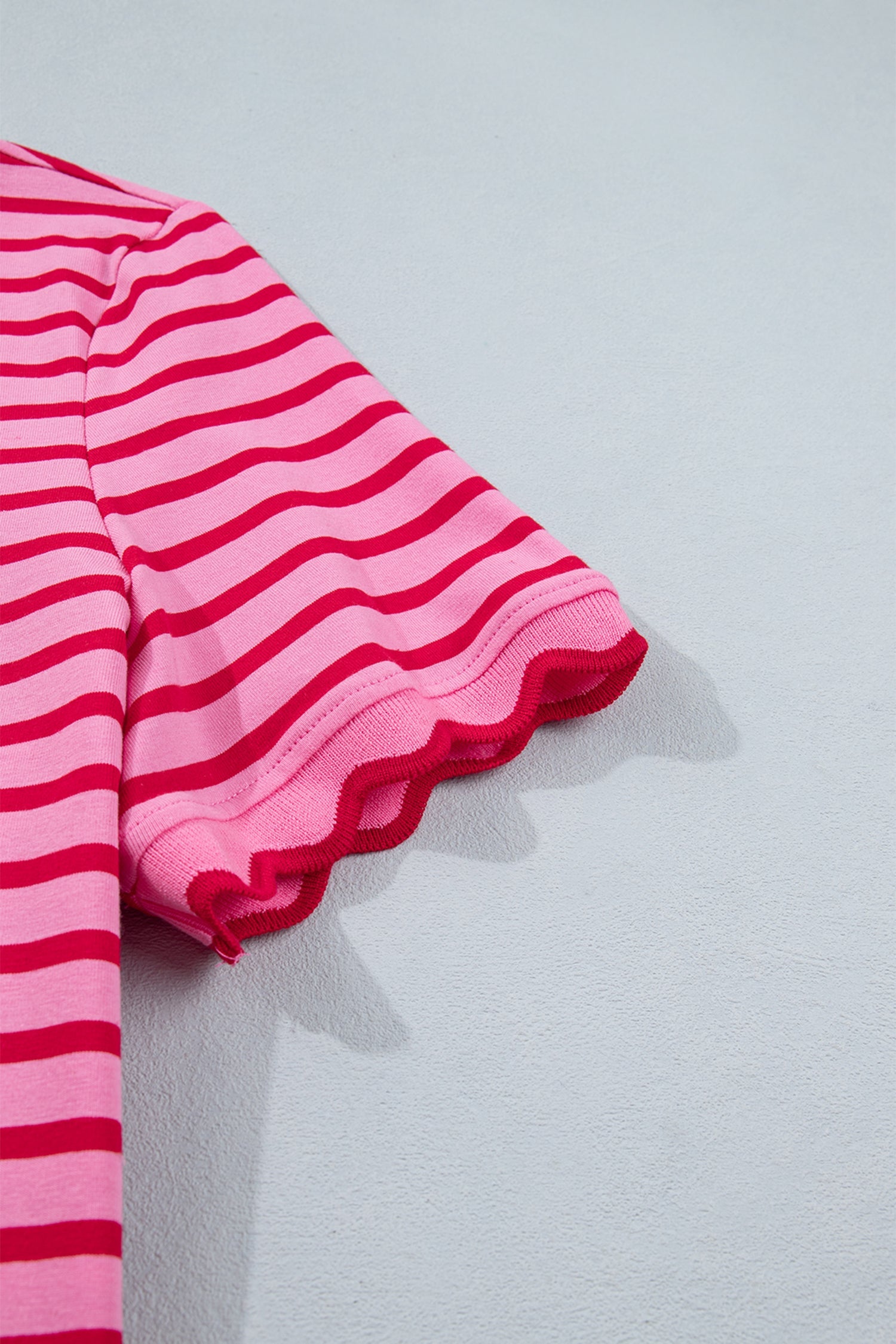 Pink Stripe Scalloped Trim Round Neck T Shirt