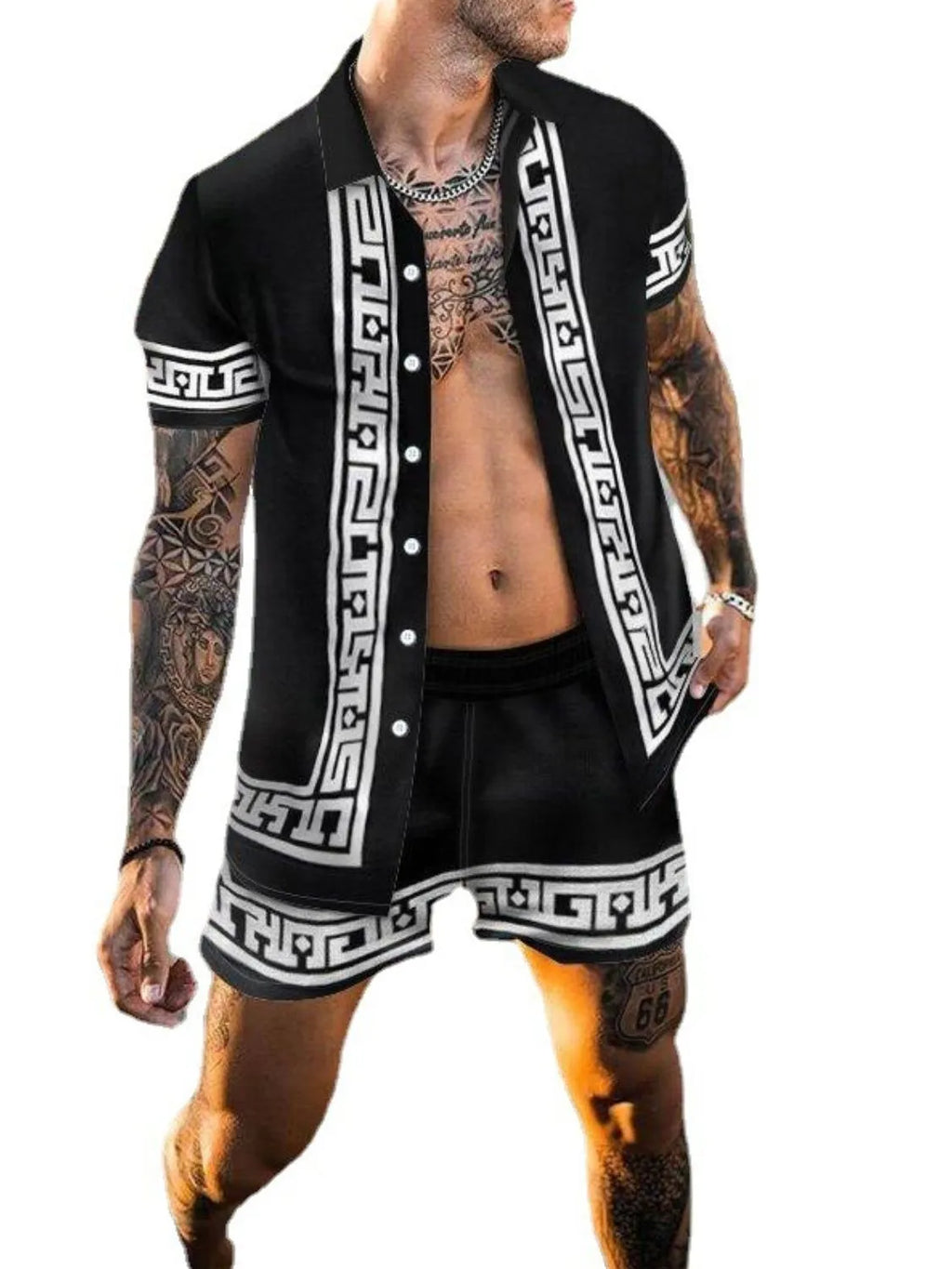 Men's Full Size Printed Button Up Top and Shorts Set Plus Size