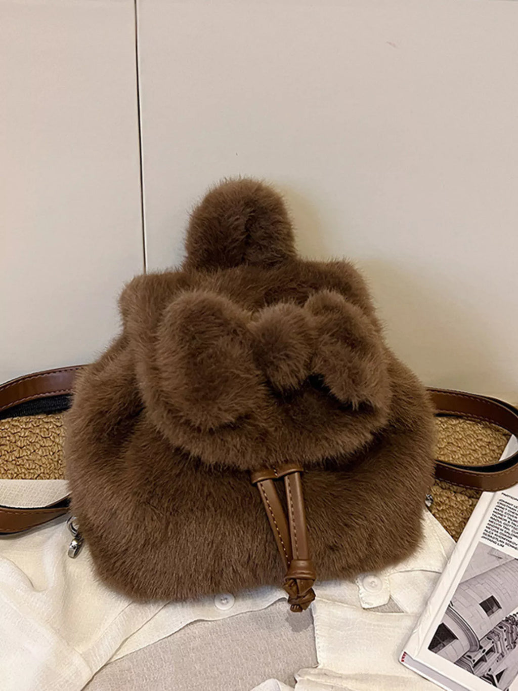 Fuzzy Plush Drawstring Backpack Bag