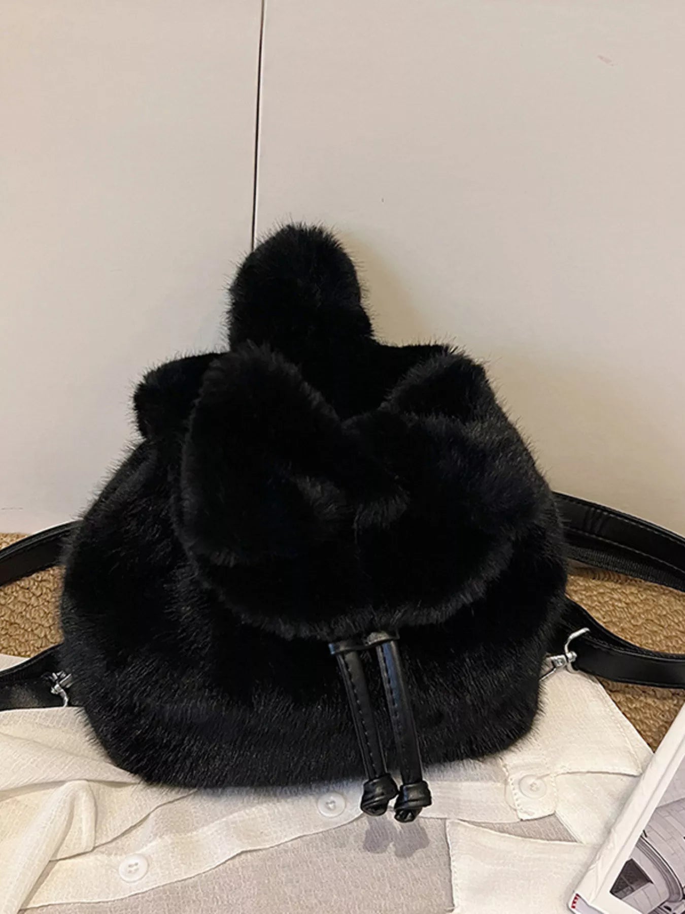 Fuzzy Plush Drawstring Backpack Bag