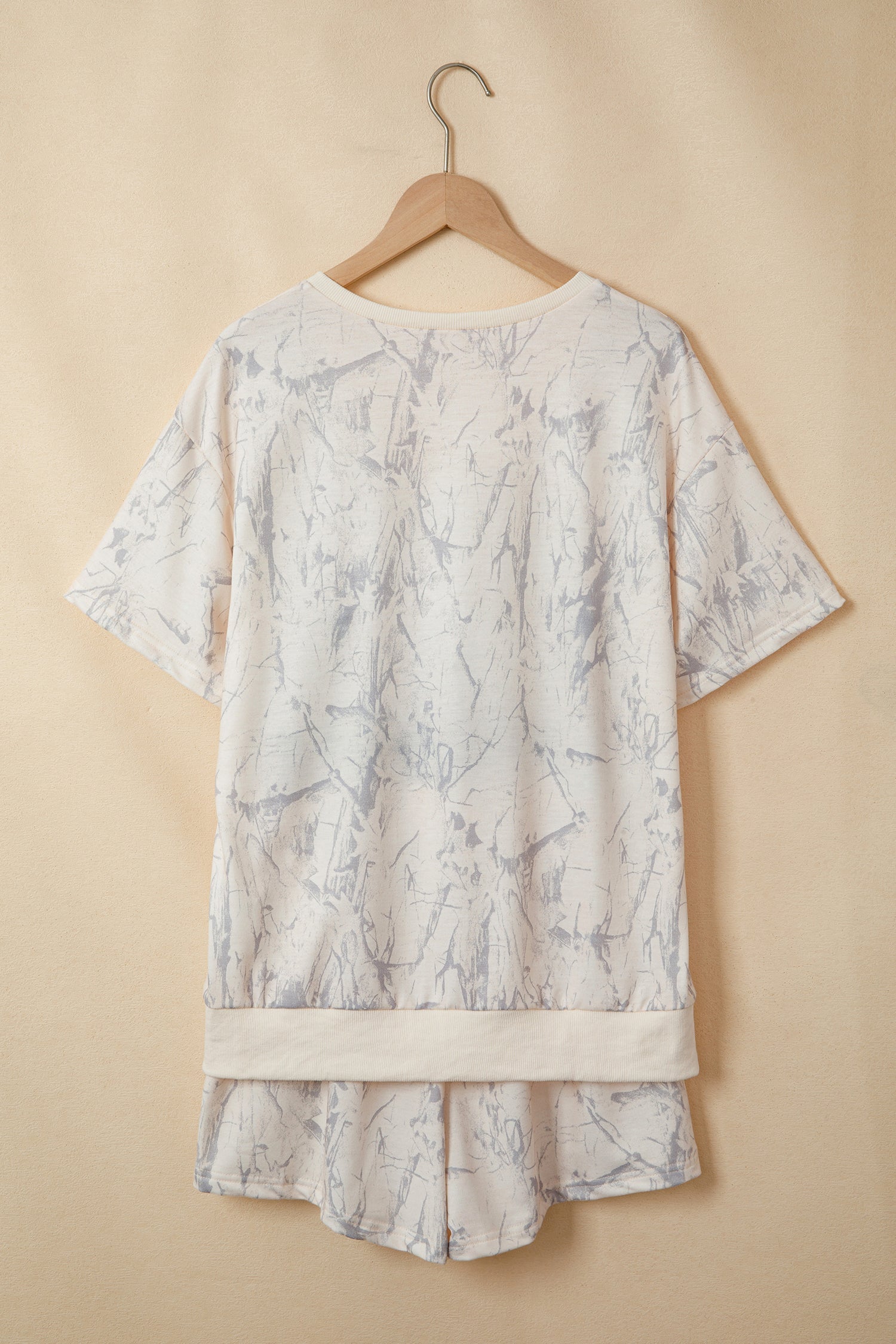 Khaki Abstract Print V Neck Loose Tee Drawstring Shorts 2pcs Outfit