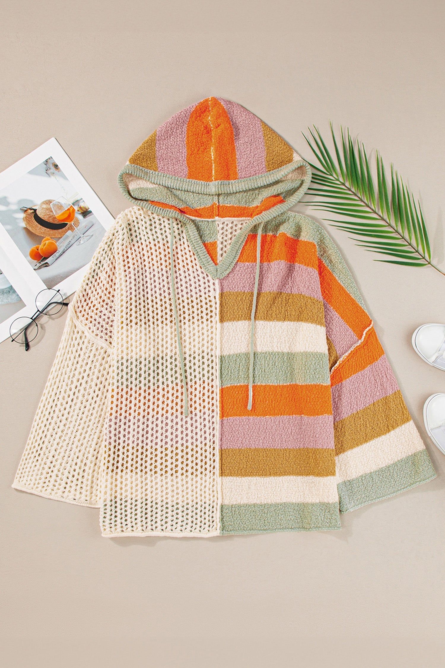 Beige Oversized Colorblock V Neck Hooded Sweater