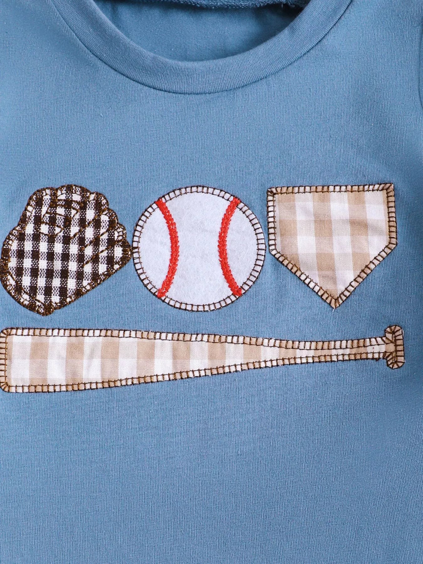 Children's Baseball Round Neck Top and Plaid Shorts Set