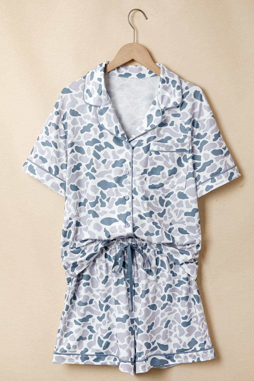 Beige Camouflage Print Lapel Shirt Drawstring 2pcs Short Pajama Set
