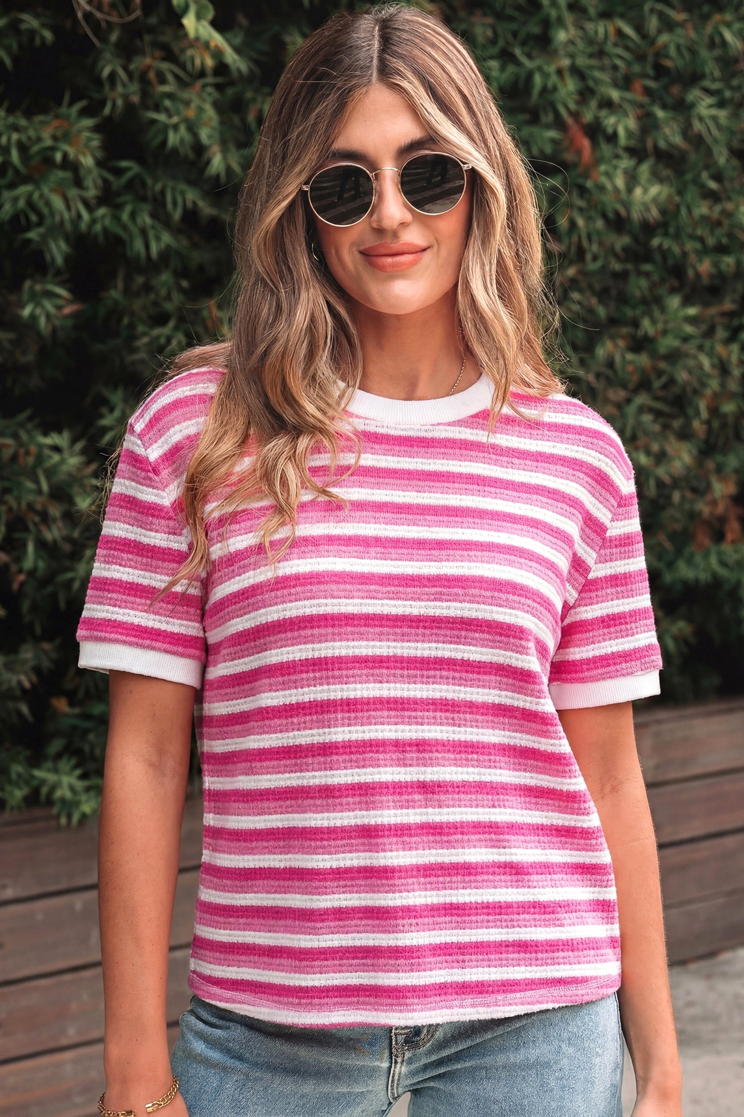 Sachet Pink Textured Knit Short Sleeve Crossed Detail Tee