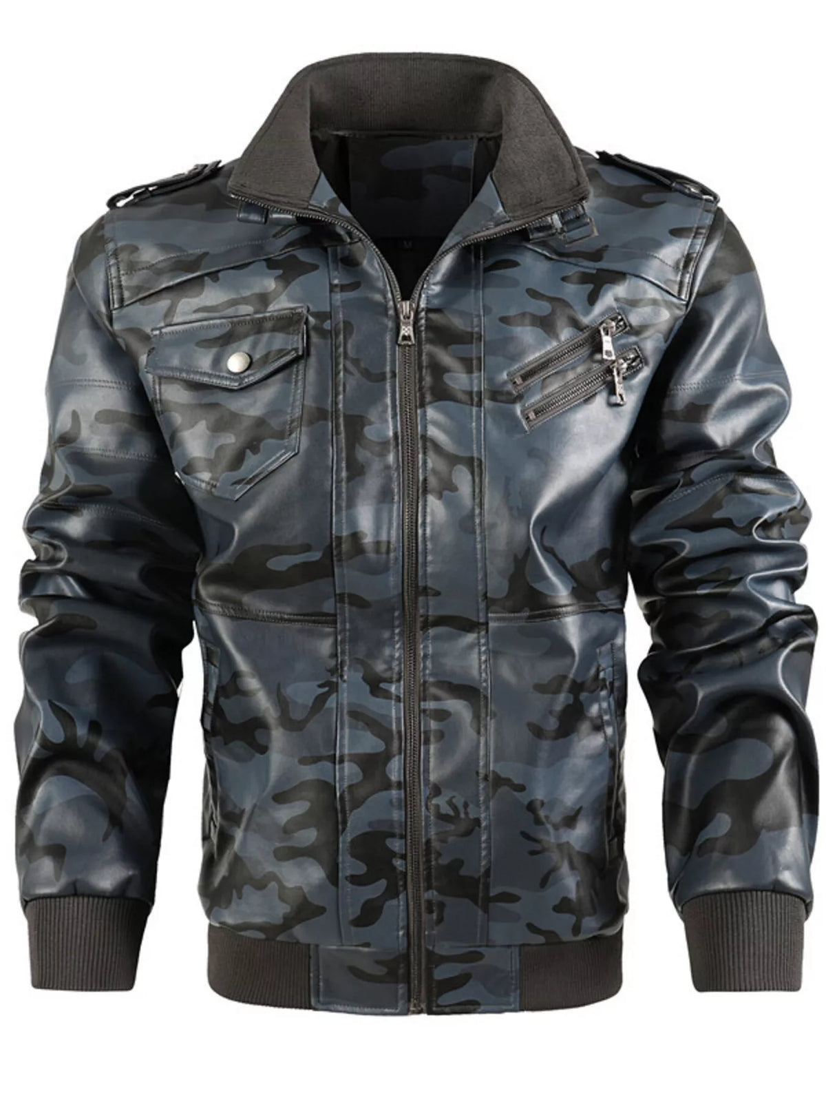 Men's Full Size Zip Up Camouflage Faux Leather Jacket Plus Size