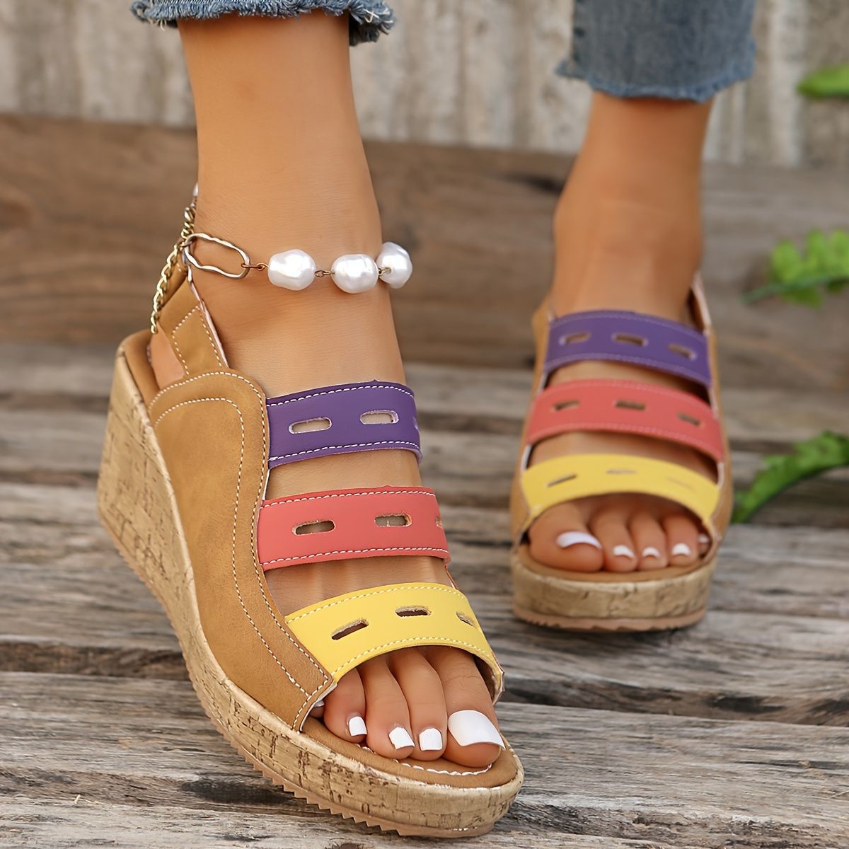 Women's Color-Block Wedge Sandals – Cork Platform Slingback