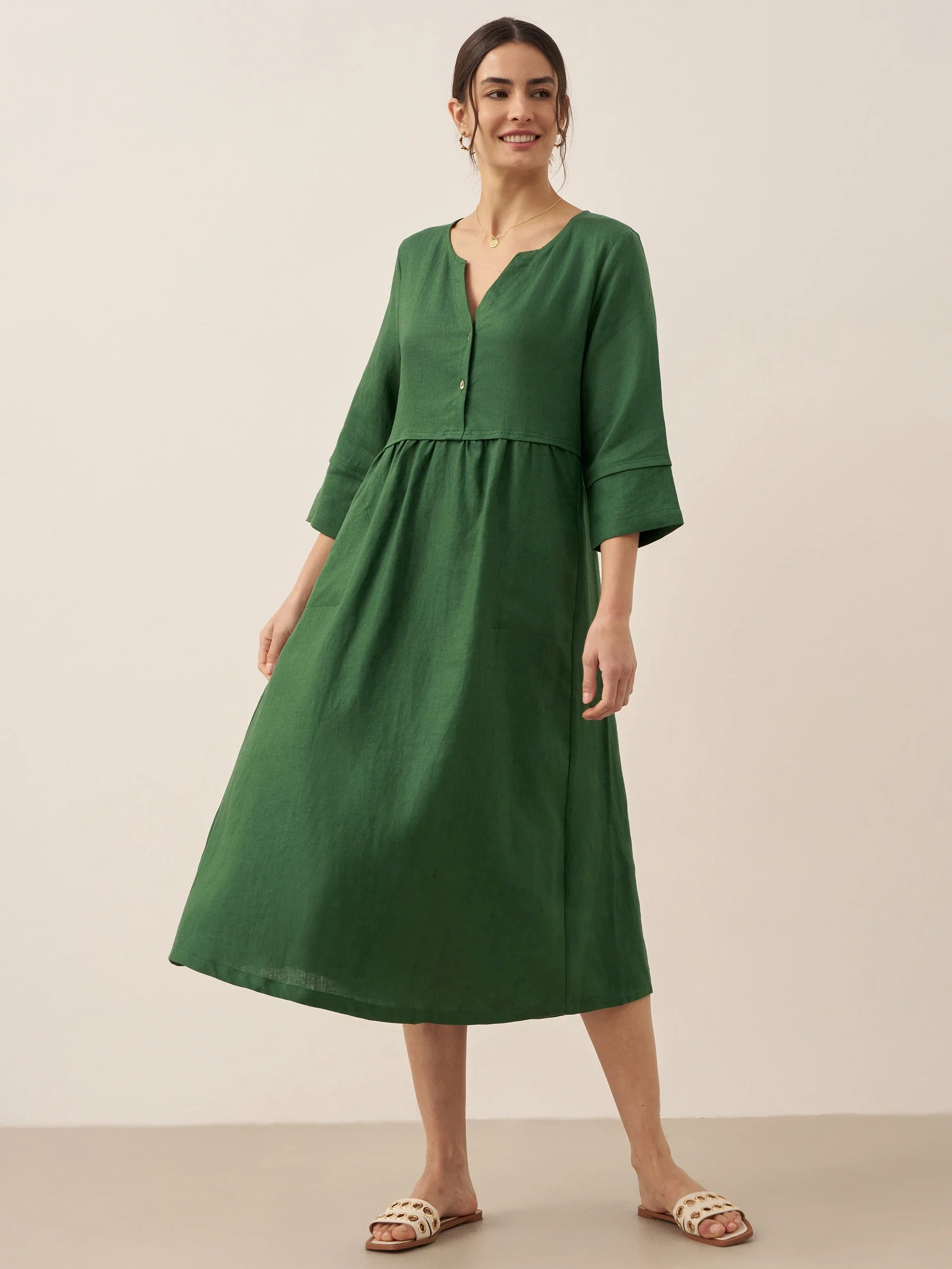 100% Linen Loose Fit Button Waist Gathered Midi Dress LUNA