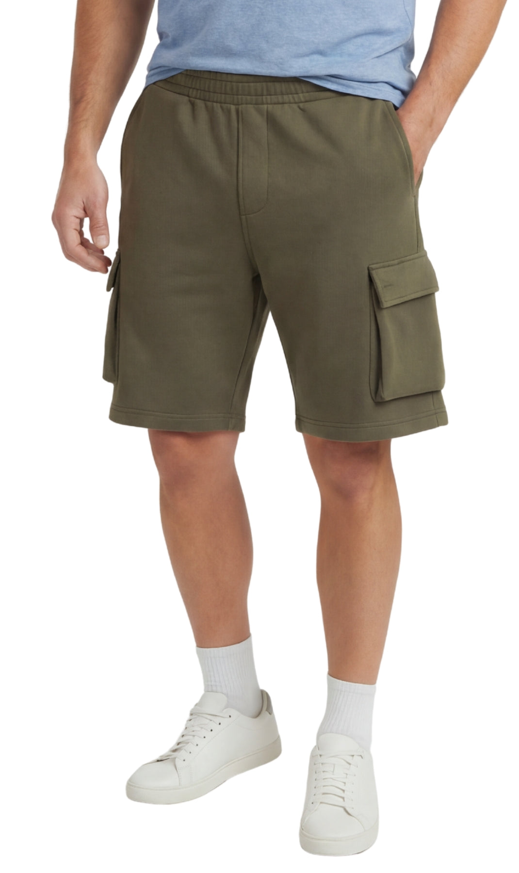 Men's Fleece Cargo Shorts — Elastic Waist Multi-Pocket Sweat Shorts