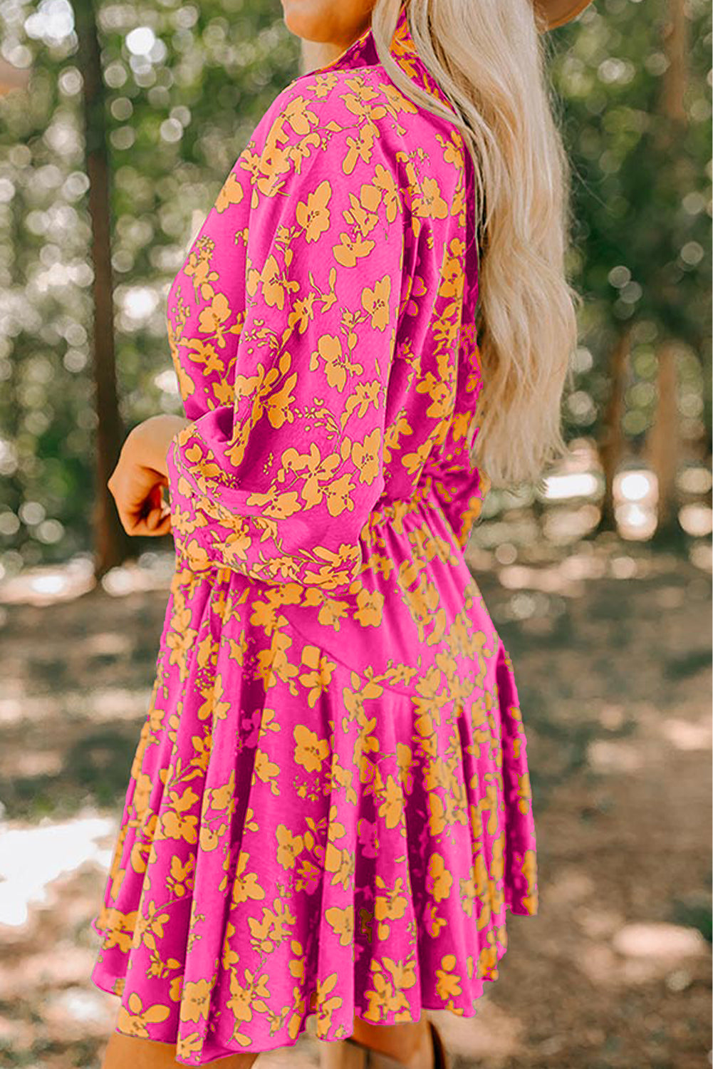Pink Floral Print Drawstring Tunic Flowy Short Dress