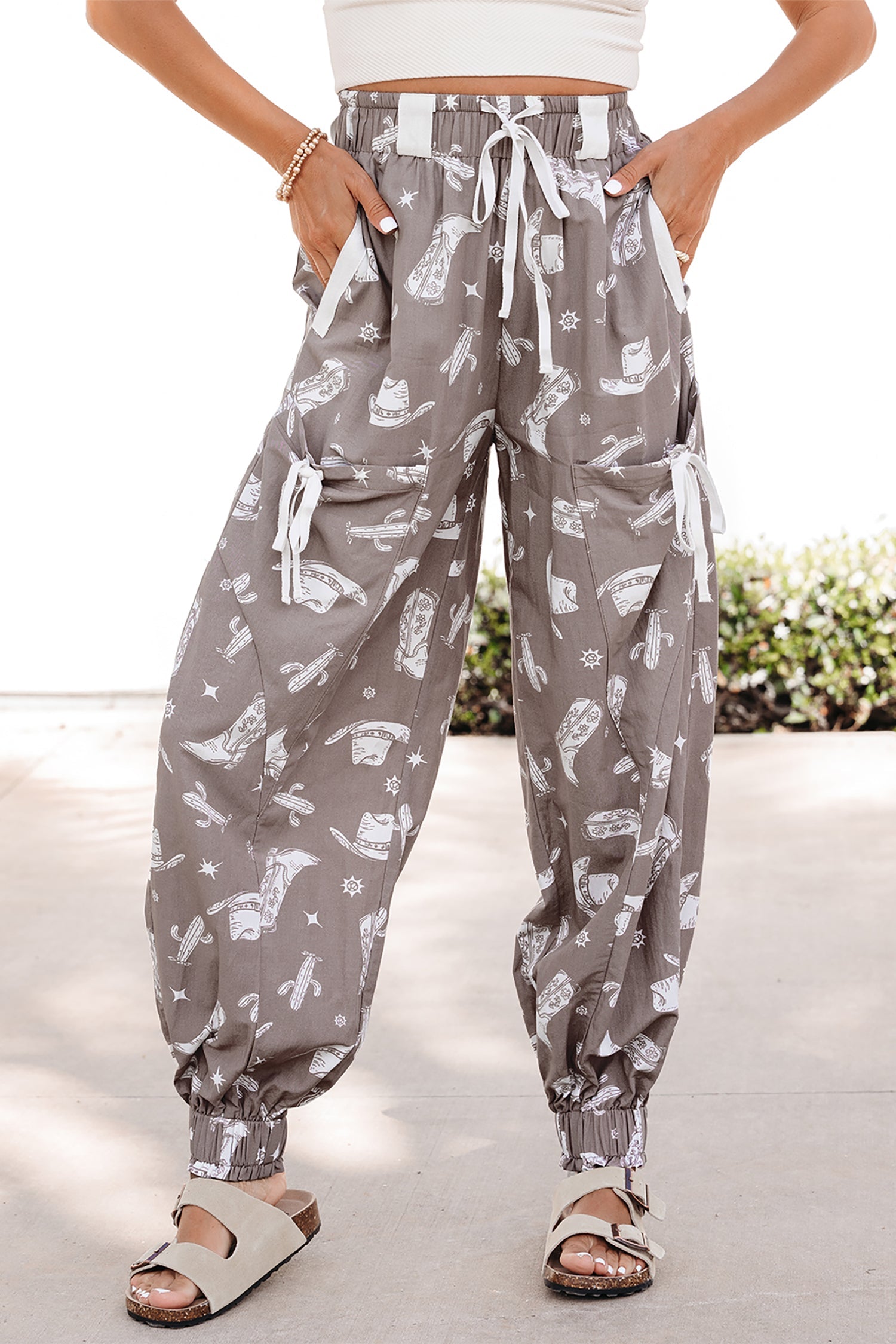 Khaki Western Cactus Cowgirl Hat Boot Printed Vintage Drawstring Jogger Pants