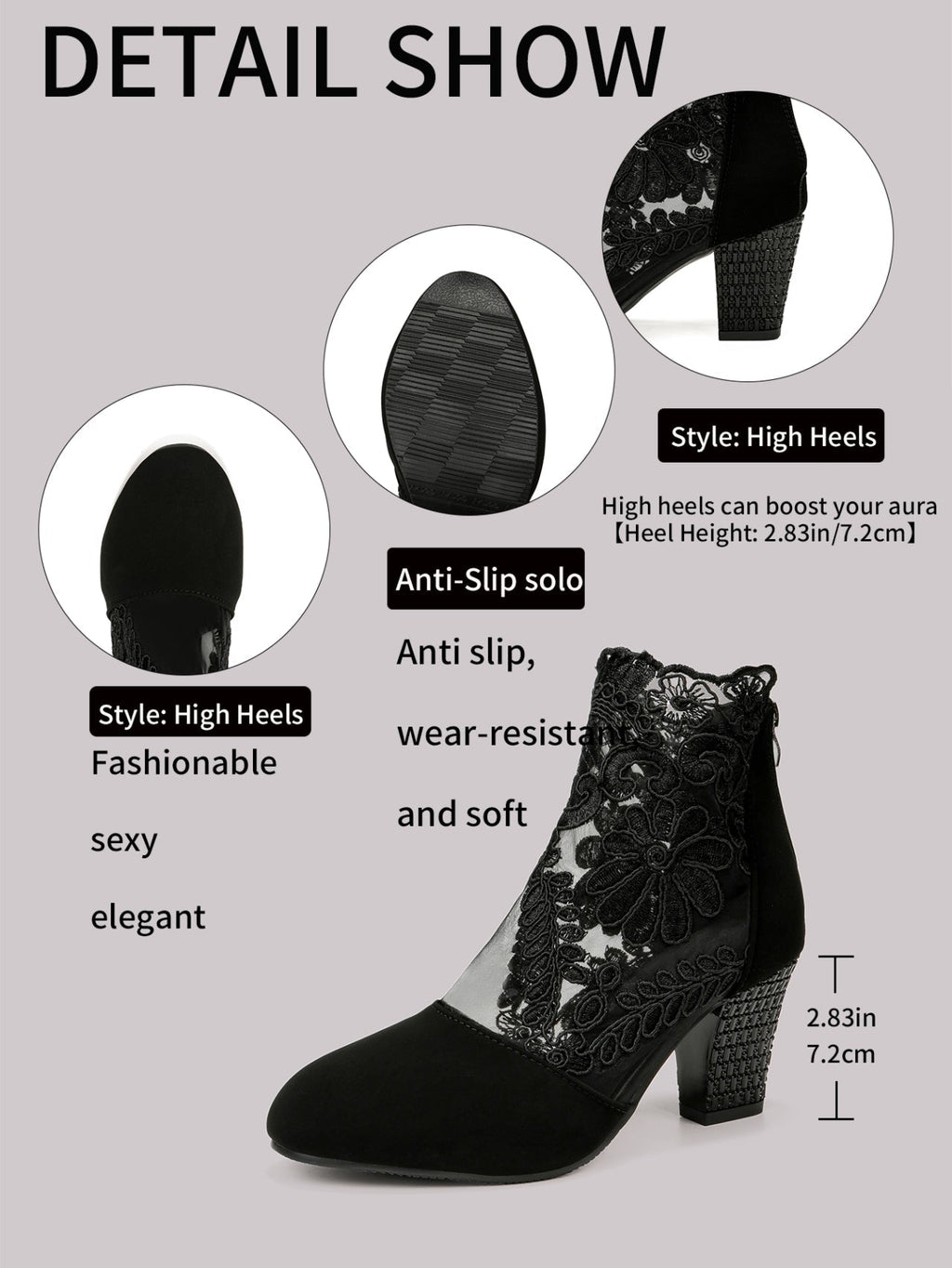 Lace-Embroidered Mesh Chunky-Heel Ankle Boots | Black & White EU 35–43