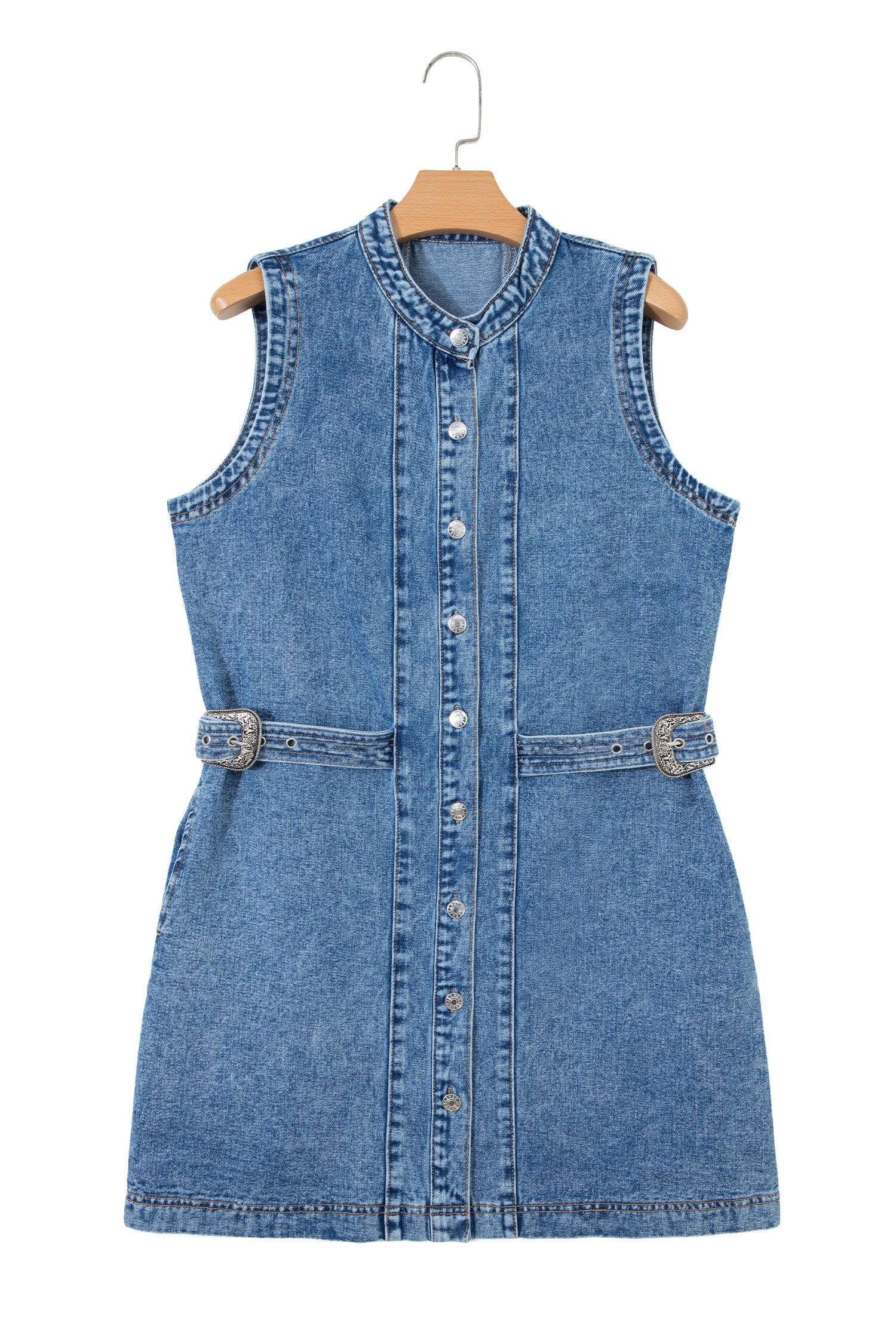 Myosotis Western Belt Button Down Sleeveless Denim Short Dress