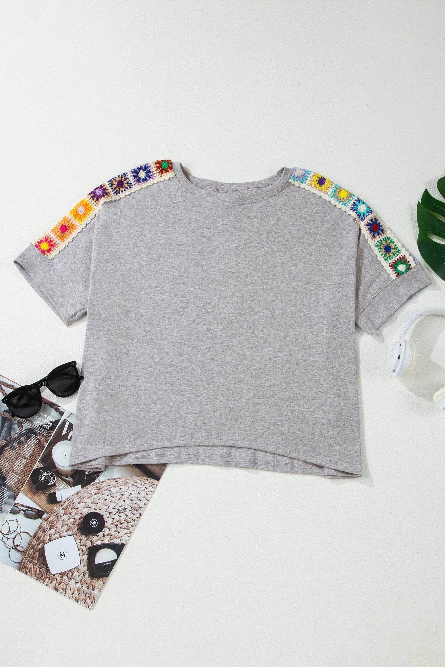Light Grey Granny Square Crochet Detail Loose T Shirt