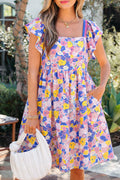 Multicolour Floral Print Flutter Sleeve Striped Trim Square Neck Loose Mini Dress