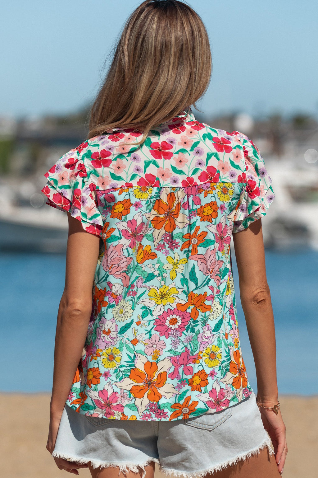 Sky Blue Floral Print Split Neck Button Front Flutter Sleeve Blouse
