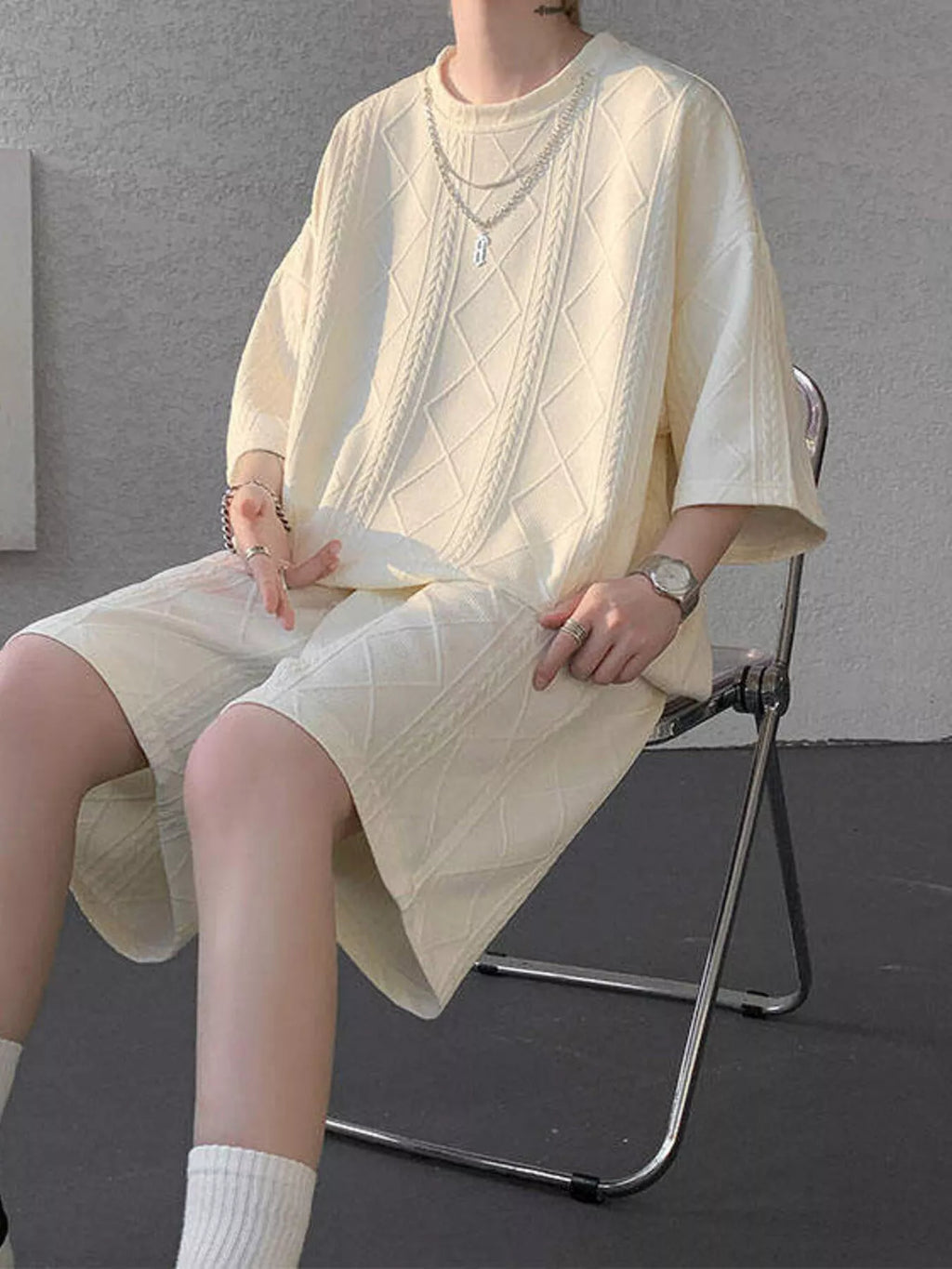 Men's Plus Size Textured Relaxed Fit Top and Shorts Set