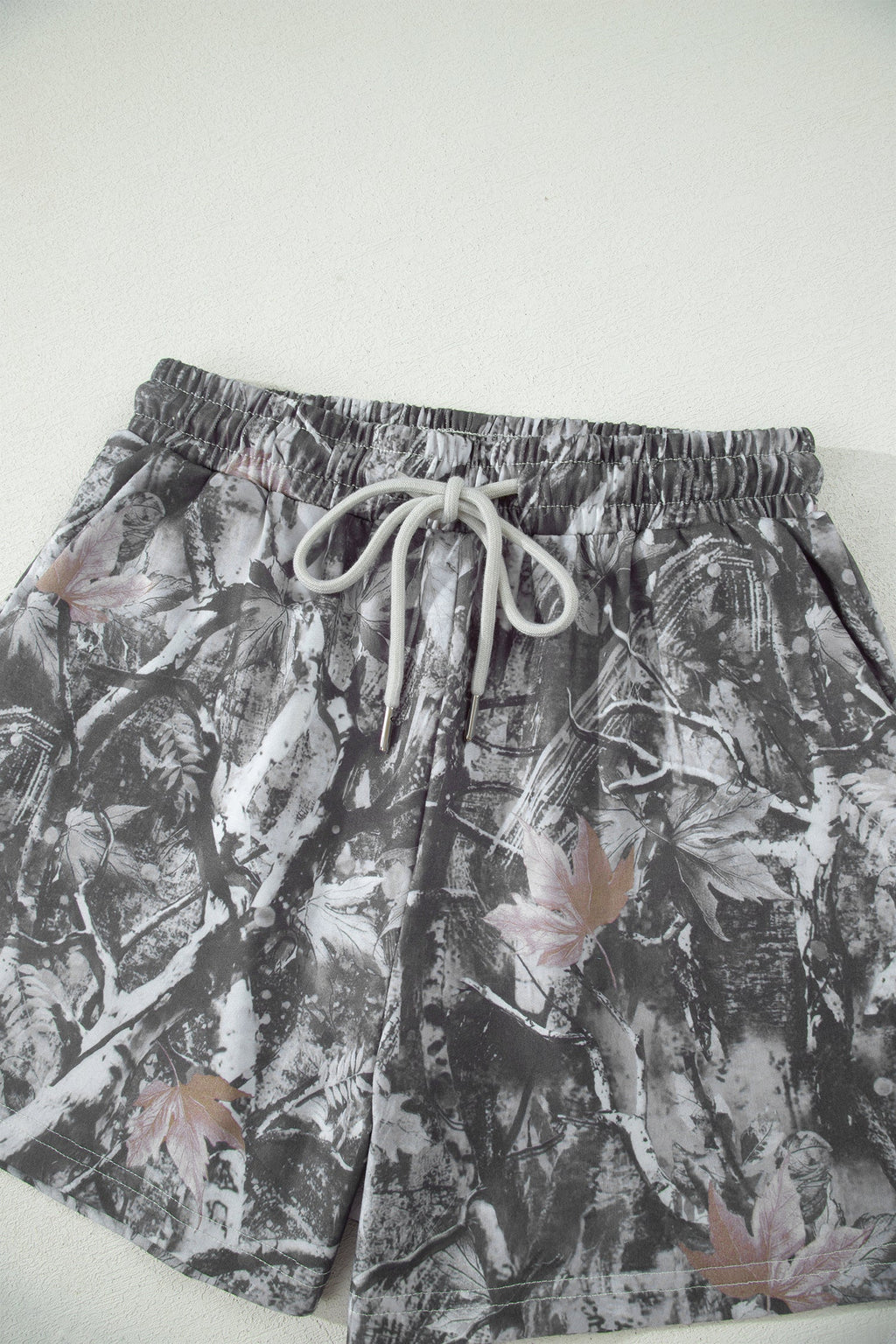 Gray Abstract Maple Leaf Printed Tie Elastic Waist Shorts