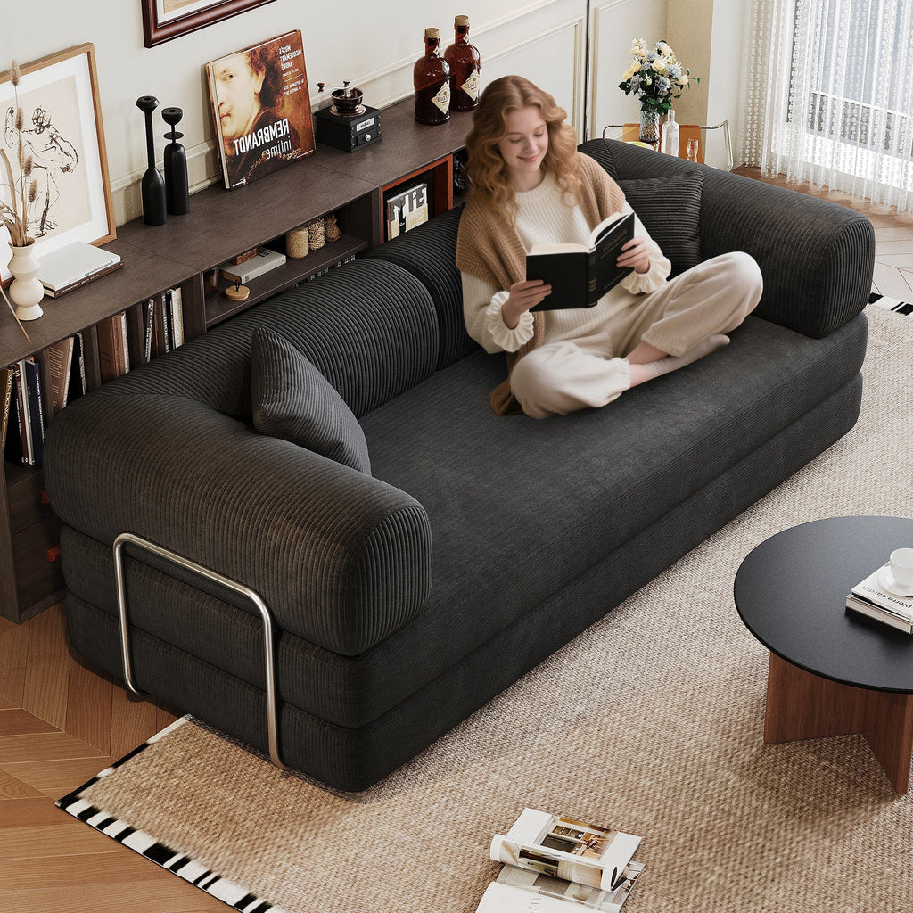 78.8' Compression Sofa,Convertible Floor Sofa Bed-with Pillow Back Support Armrest,Comfy Futon Couch Sleeper Bed,Loveseats Boneless Modular Sectional Sofa,Corduroy fabric,for Living Room,Bedroom,Black