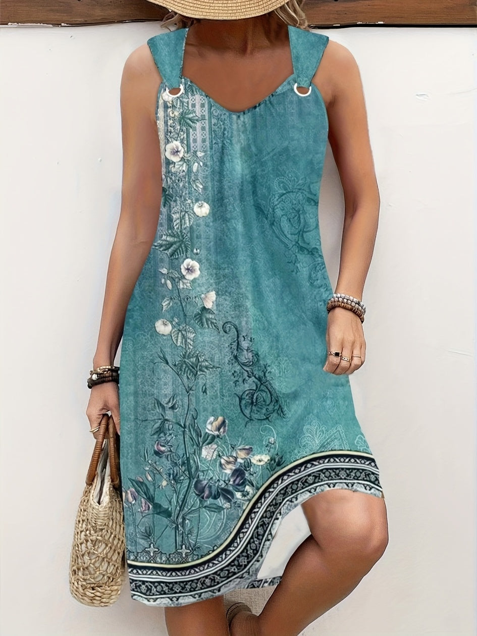 Plus Size Boho Floral Print Sleeveless Midi Dress – Women's Vintage Ethnic Border Dress