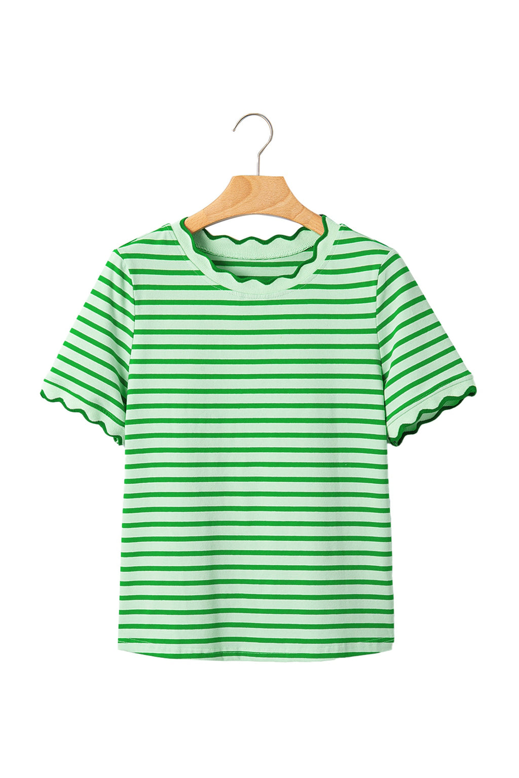 Green Stripe Scalloped Trim Round Neck T Shirt
