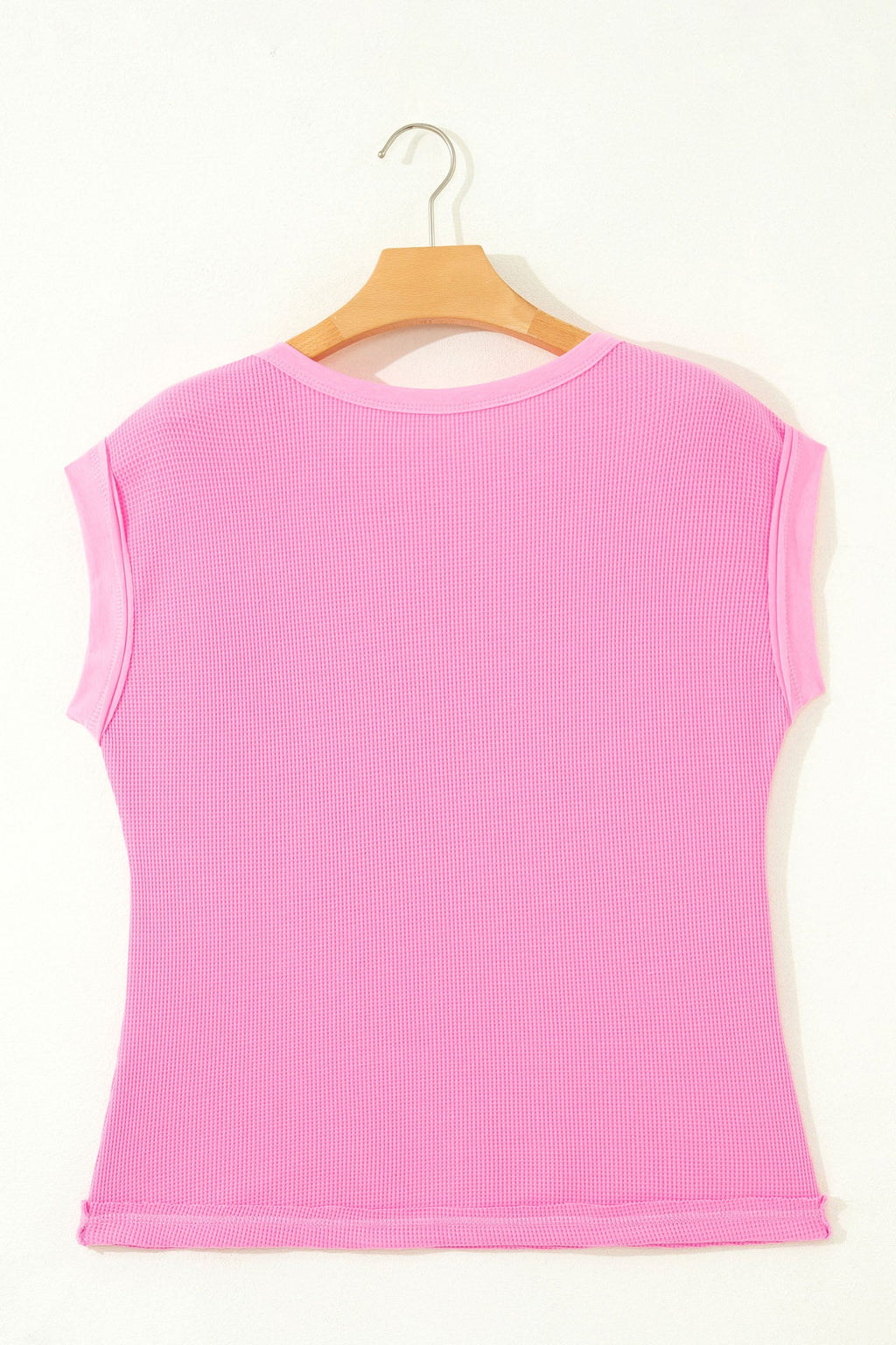 Pink Solid Color Raw Seam Waffled Patchwork Casual T Shirt