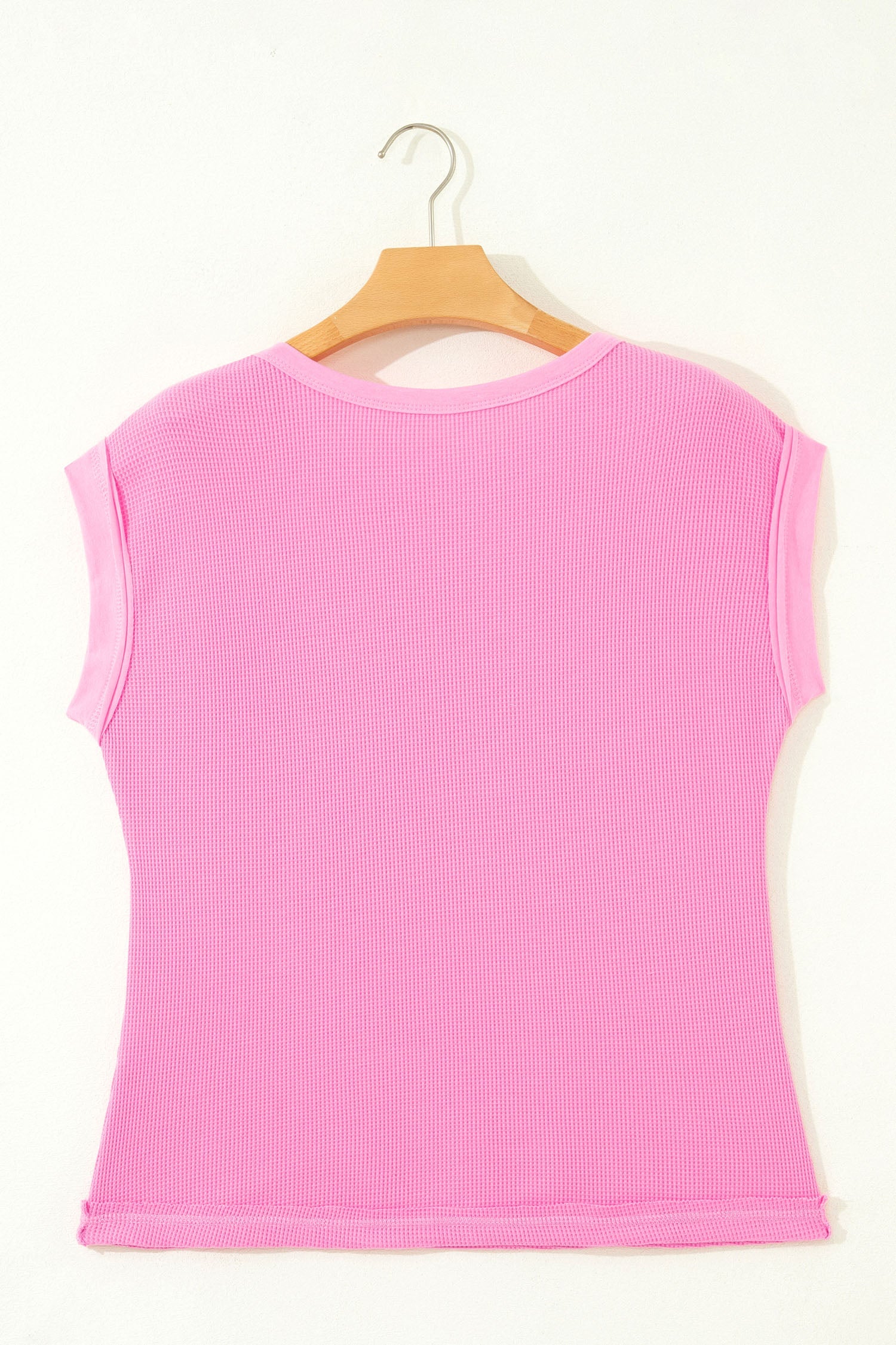 Pink Solid Color Raw Seam Waffled Patchwork Casual T Shirt