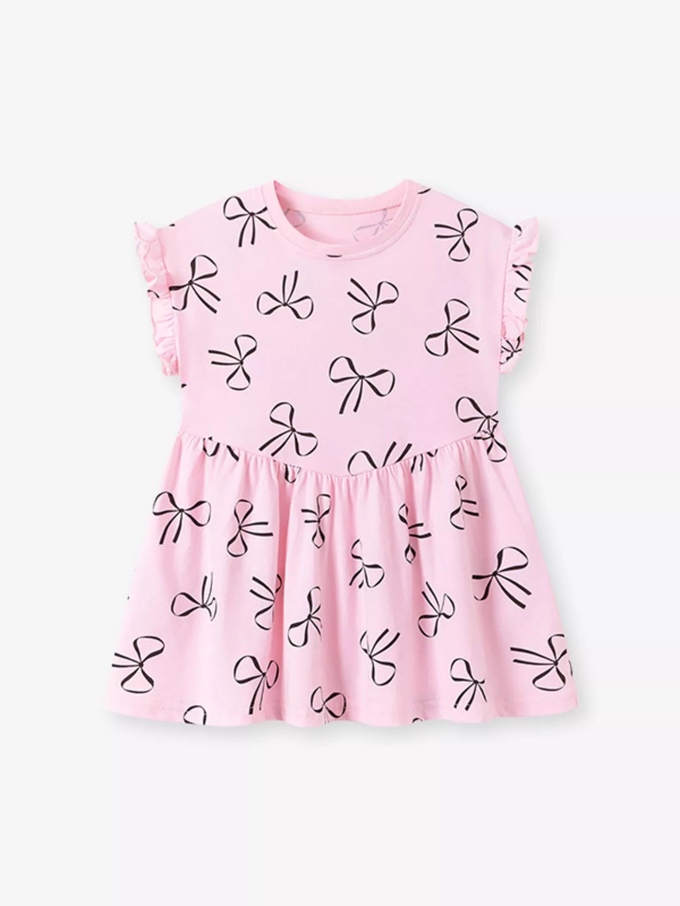 Children's Bow-Print Ruffle Sleeve Casual Dress