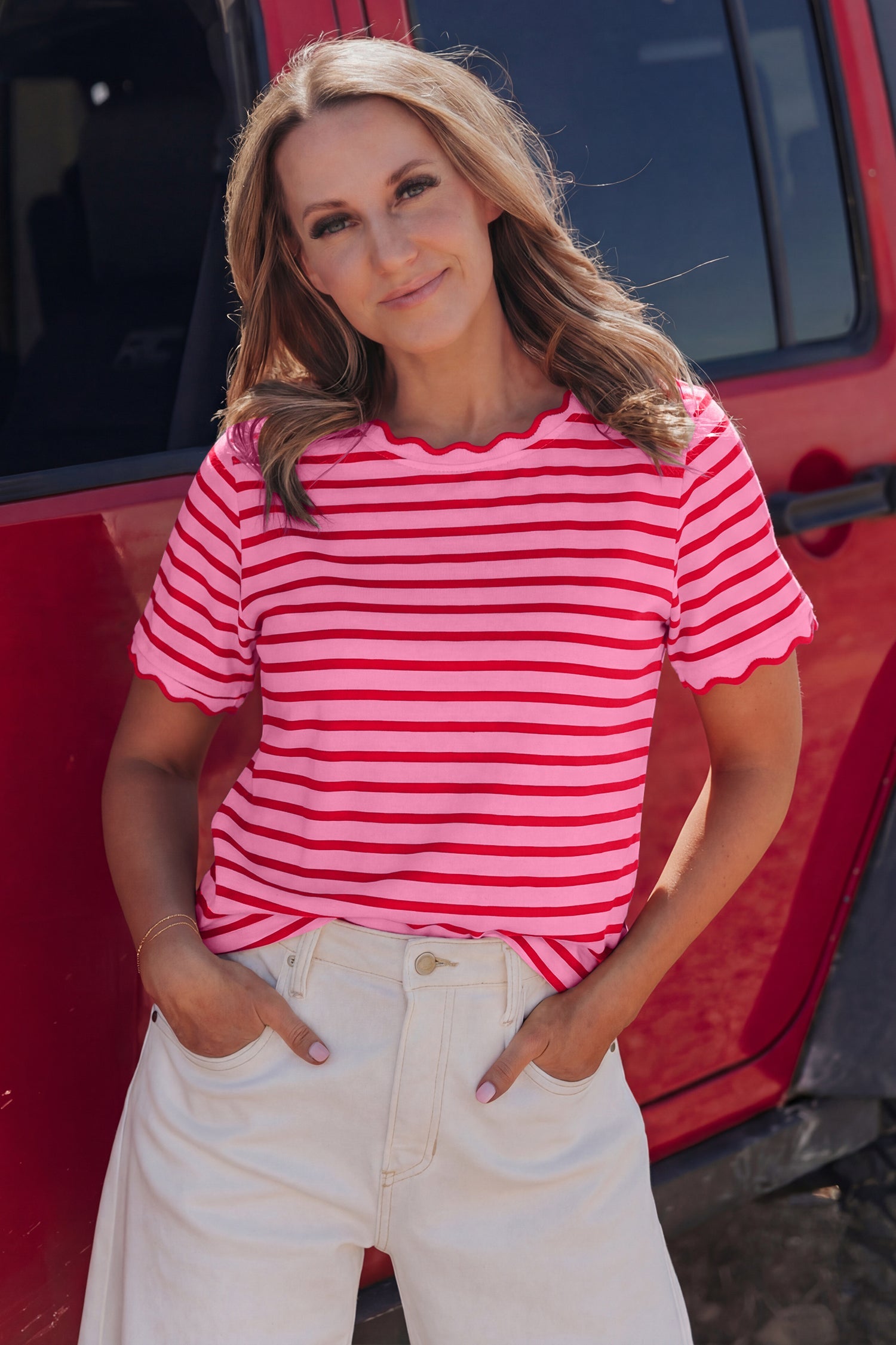 Pink Stripe Scalloped Trim Round Neck T Shirt