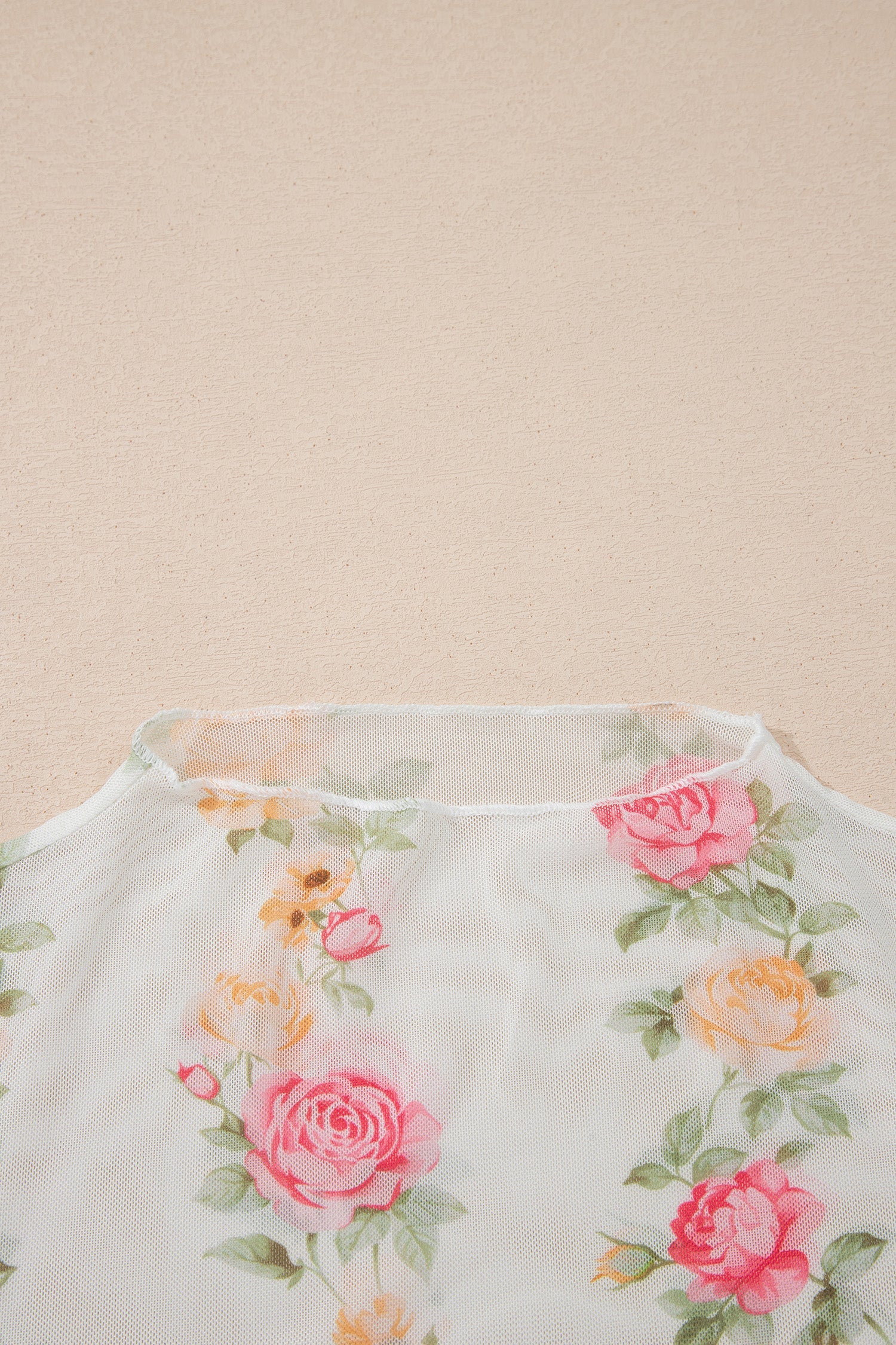 Beige Floral Print Mock Neck Short Sleeve Mesh Top