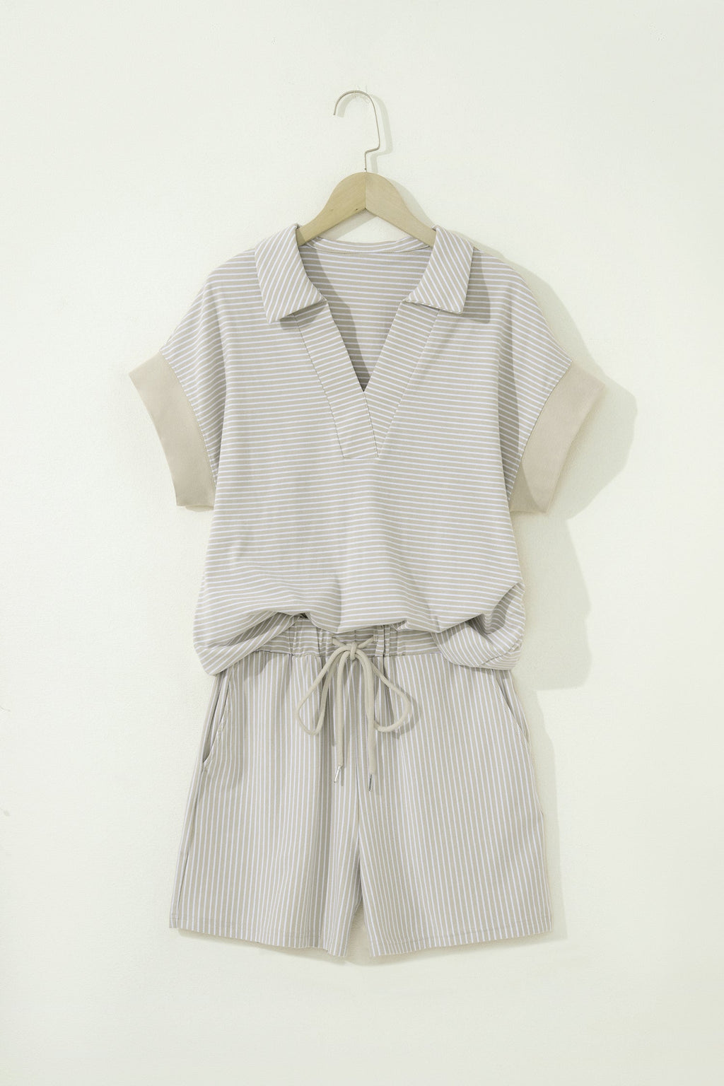 Khaki Stripe Dolman Sleeve Polo Shirt and Drawstring Shorts Set