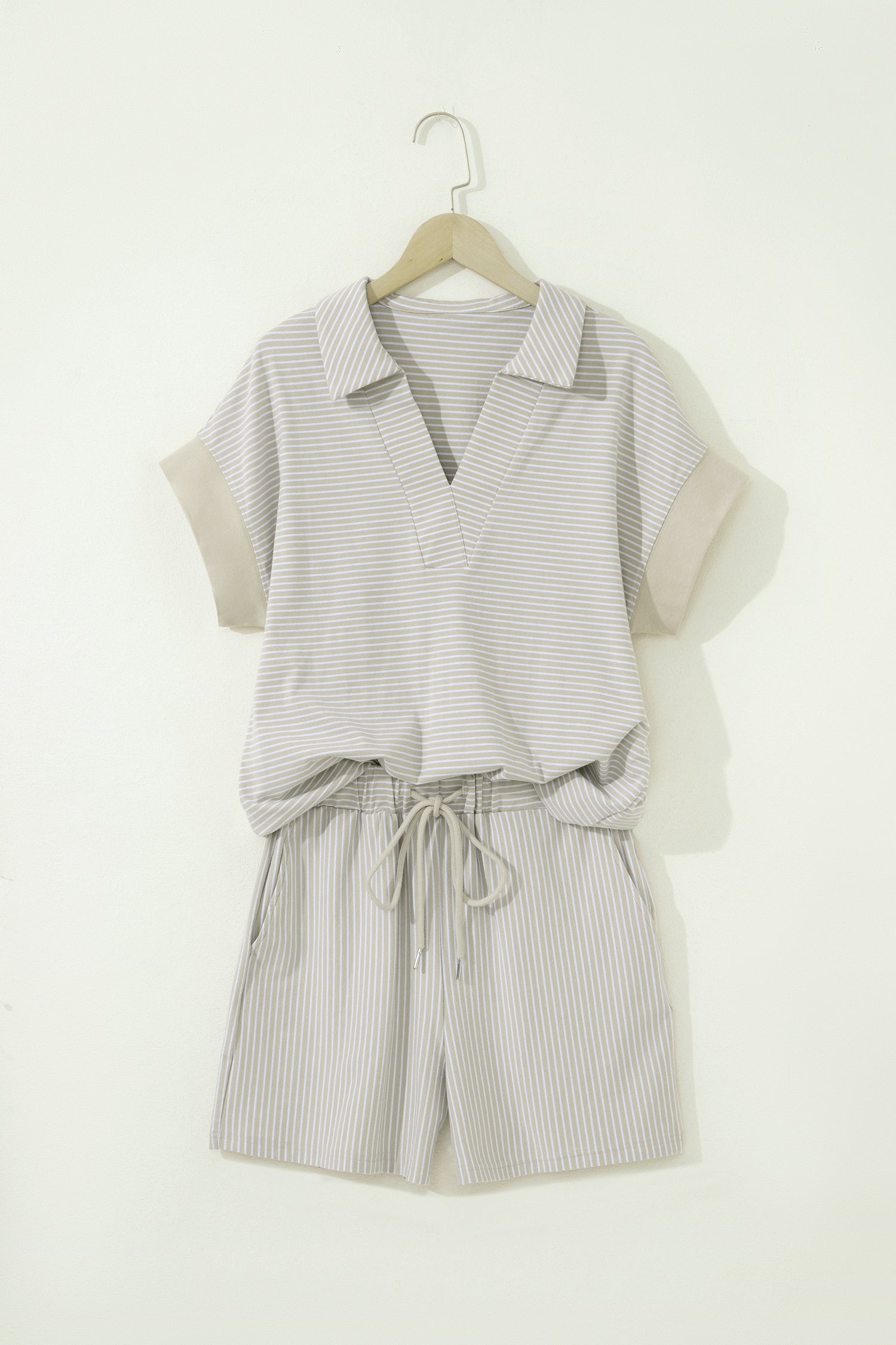 Khaki Stripe Dolman Sleeve Polo Shirt and Drawstring Shorts Set